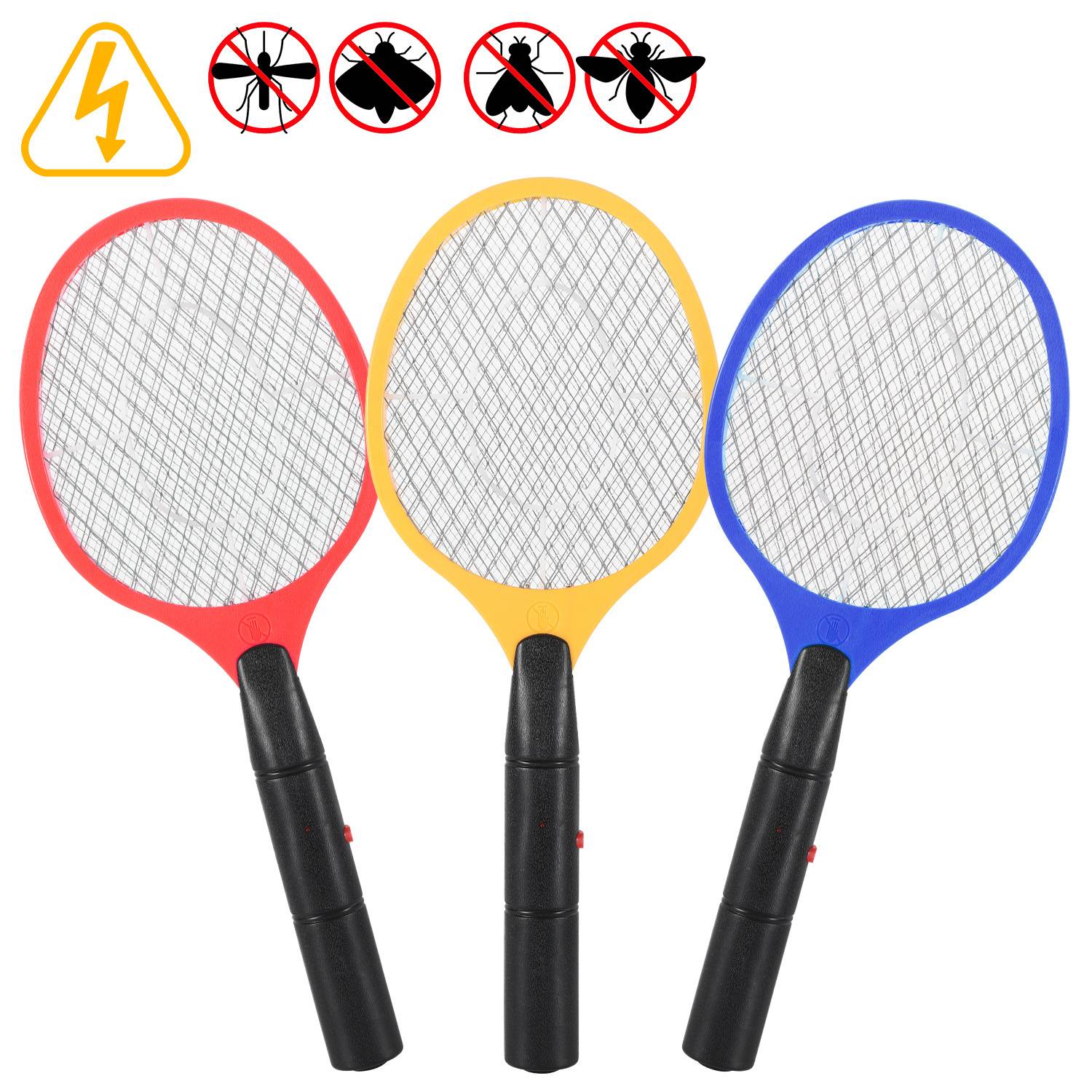 Drei bunte elektrische Fliegenklatsche werden gezeigt: rot, gelb und blau, mit Insektensymbolen und einem Blitzwarnsymbol oben.