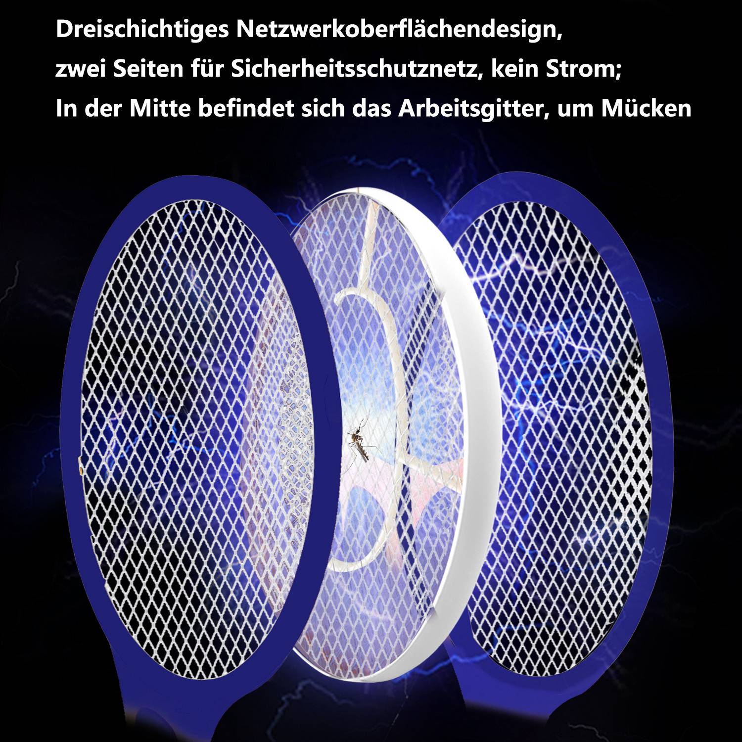 Dreilagiges Netzflächendesign, zwei Seiten als Sicherheitsnetz, stromloses System; in der Mitte ist das Arbeitsgitter zum Fangen von Mücken.