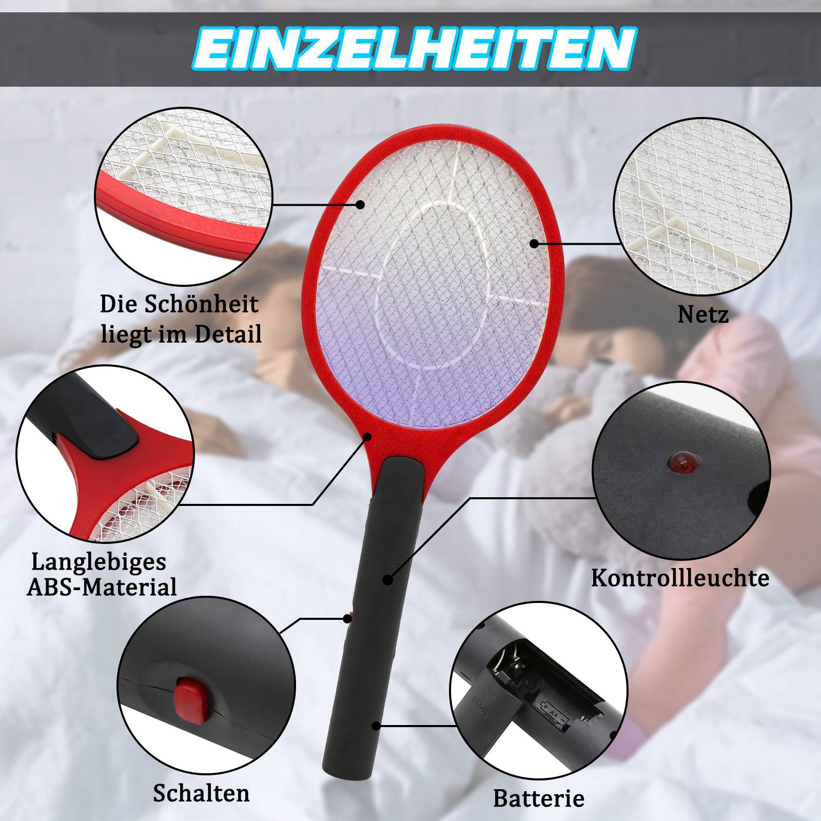 Ein rot-schwarzer elektrischer Fliegenklatsche-Schläger wird gezeigt. Es gibt beschriftete Beschriftungen, die Merkmale hervorheben: Netz, Kontrollleuchte, ABS-Material, Schalter und Batterie.