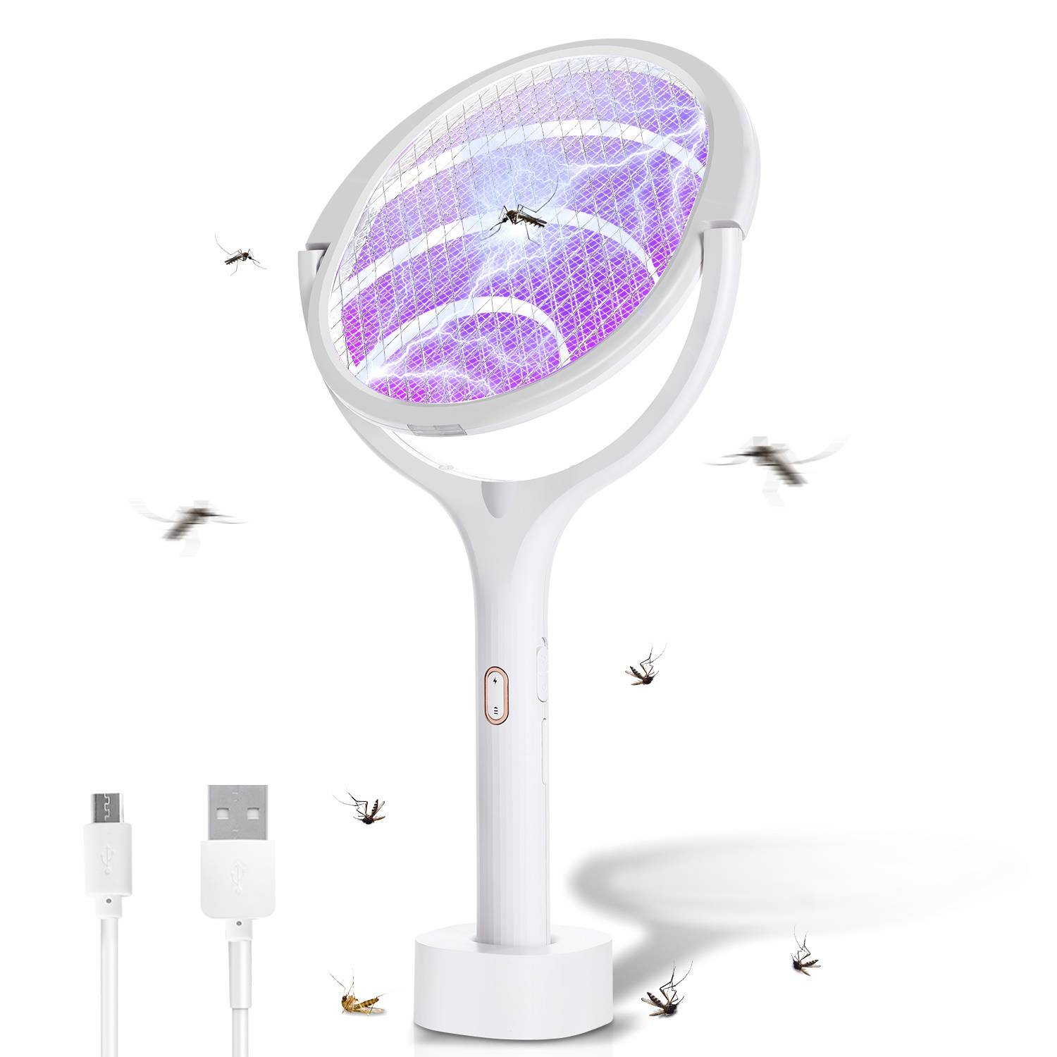 Ein tragbarer elektrischer Fliegenklatscher mit weißem Griff gibt violettes UV-Licht ab, das Mücken anzieht und tötet. Inklusive USB-Kabel.