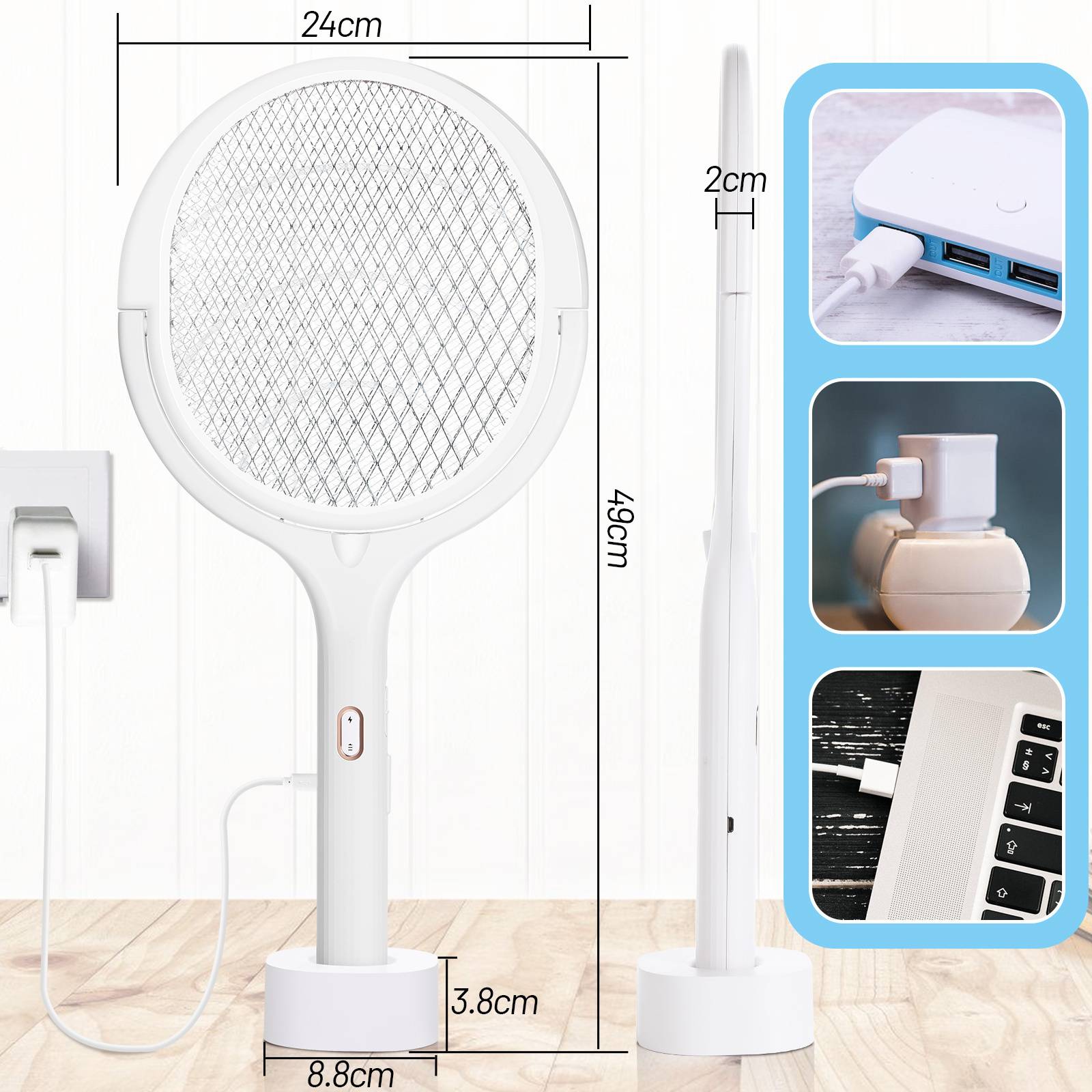 Weißer elektrischer Ventilator mit Mesh-Design, 49cm hoch, 24cm breit, 3,8cm Sockel und 2cm Dicke. USB-Ladeanschlüsse vorhanden.