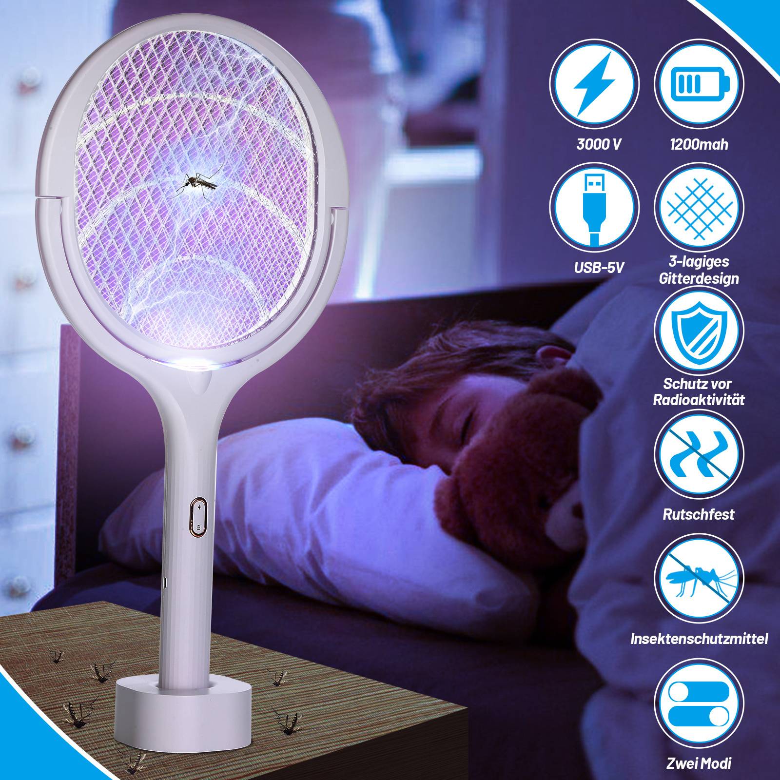 Ein elektrischer Mückenkiller am Bett mit einem schlafenden Kind im Hintergrund, wobei Features wie 3000V-Gitter und USB-Aufladung hervorgehoben werden.