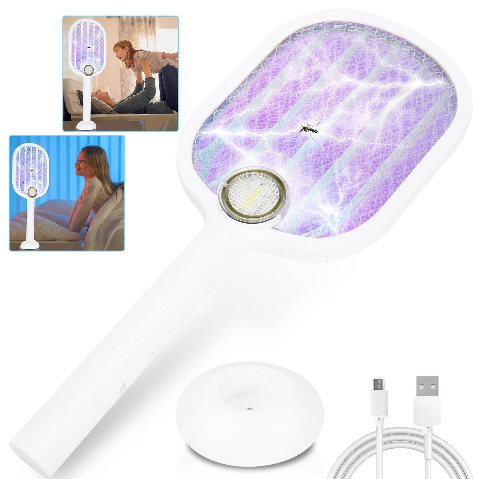 Weißer elektrischer Insektenvernichter-Schläger mit einer Mücke in der Mitte. Inkl. Ladestation und USB-Kabel. Zwei Lifestyle-Bilder zeigen den Schläger in Gebrauch.