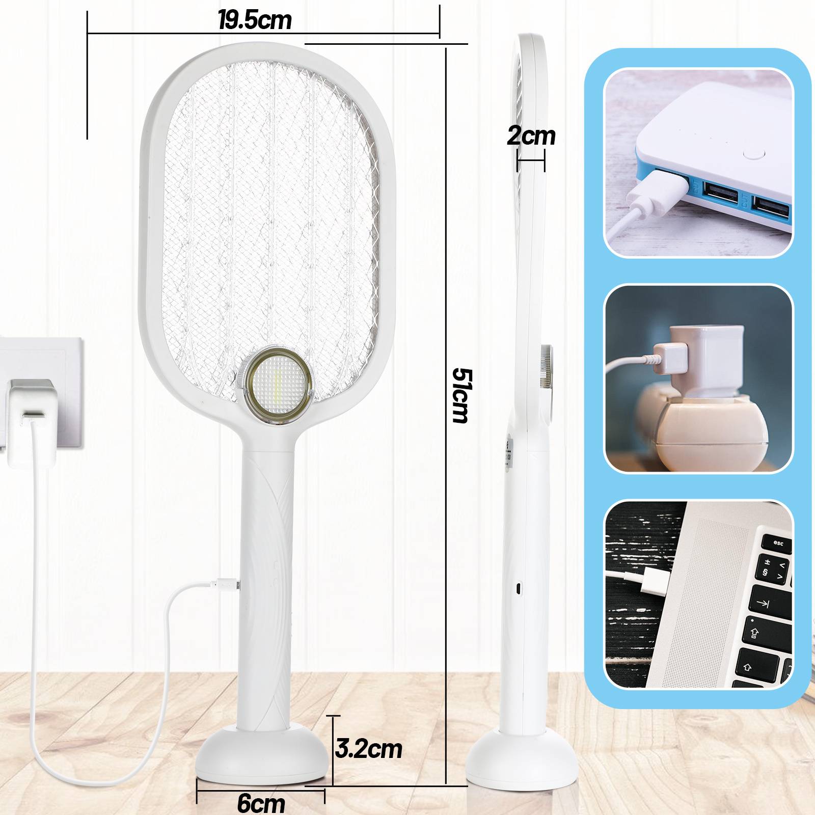 Ein elektrischer Insektenvernichter-Schläger, 51cm hoch und 19,5cm breit, mit wiederaufladbarem Design, das das Aufladen über Wandadapter, Powerbank und Laptop zeigt.