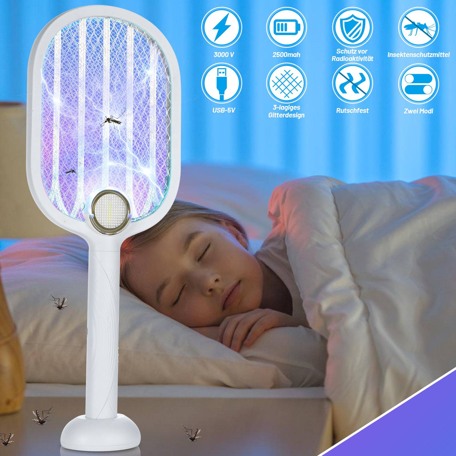 Ein Kind schläft friedlich, während ein Insektentötungsgerät mit leuchtender Netzoptik Insekten fängt und so eine komfortable Umgebung gewährleistet.