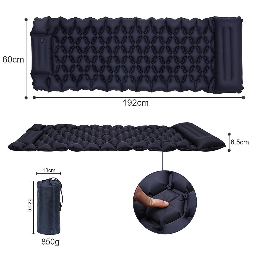 Dunkelblau aufblasbares Campingluftbett mit Kissen, Abmessungen 192cm Länge und 60cm Breite. Verpackungsgröße: 13cm x 32cm, Gewicht: 850g.