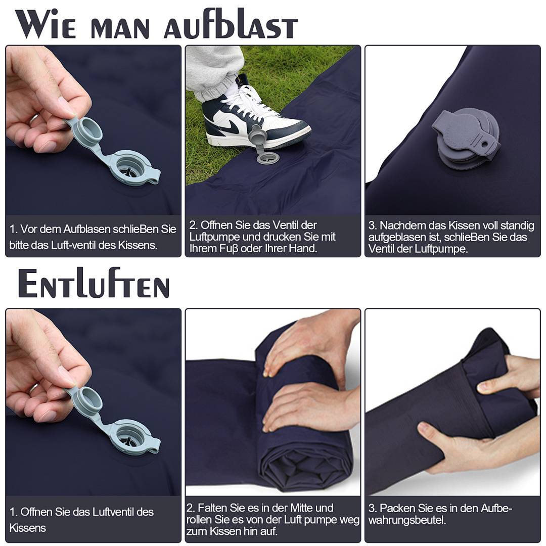 Aufblasen' Abschnitt: Schritte zum Aufblasen eines Kissens mit einer Pumpe. 'Entleeren' Abschnitt: Schritte zum Ablassen von Luft und zum Zusammenfalten des Kissens zur Lagerung.