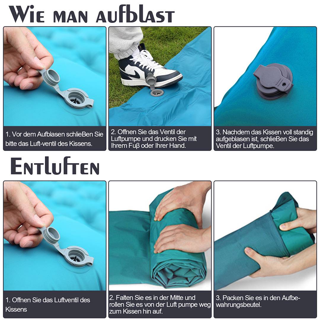 Das Bild zeigt, wie man eine Luftmatratze aufbläst und entleert. Es zeigt eine Person, die ein Ventil und eine Fußpumpe benutzt, sowie das Falten der Matratze.