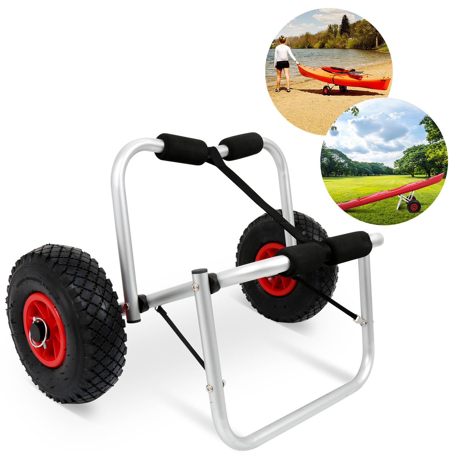 Kajak-Wagen mit großen Rädern und gepolstertem Rahmen für einfachen Transport. Eingesetzte Bilder zeigen den Wagen in Gebrauch: einen Kajak an einem See tragend und in einem Grasbereich.