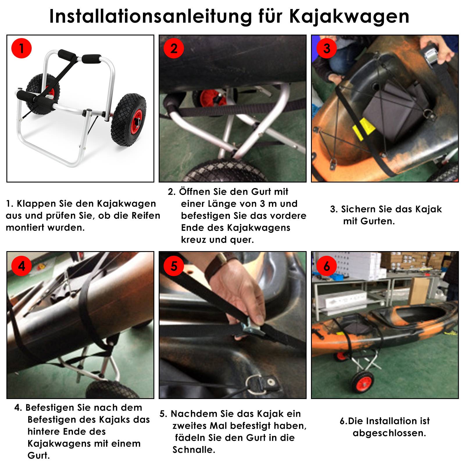 Installationsanleitung für Kajak-Wagen mit sechs Schritten mit Bildern: 1. Räder überprüfen. 2. Riemen befestigen. 3. Kajak sichern. 4. Weiteren Riemen festziehen. 5. Kajak fixieren. 6. Installation ist abgeschlossen.