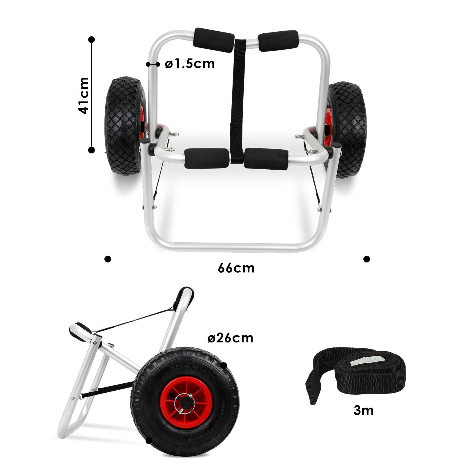 Kajak-Wagen misst 66cm Breite, 41cm Höhe mit Rädern von ø1,5cm und ø26cm. Inkl. 3m Gurt. Mit gepolsterten Bereichen zur Unterstützung.