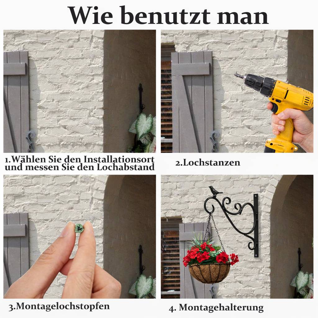Vierstufiger Prozess zur Montage einer Wandhalterung: 1. Standort auswählen und ausmessen; 2. Loch bohren; 3. Dübel einsetzen; 4. Halterung anbringen.