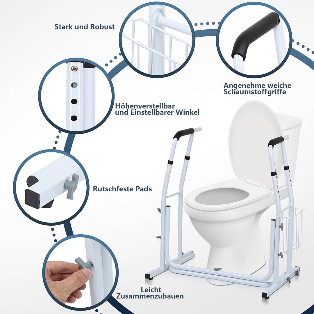 Toilettensicherheitsrahmen mit gepolsterten Griffen, rutschfesten Unterlagen, verstellbarer Höhe und Winkel. Einfach zu montieren und bietet stabile Unterstützung.