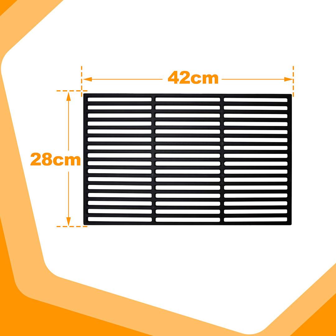 Ein schwarzes rechteckiges Gitter misst 42 cm in der Breite und 28 cm in der Höhe und hat horizontale Lamellen.