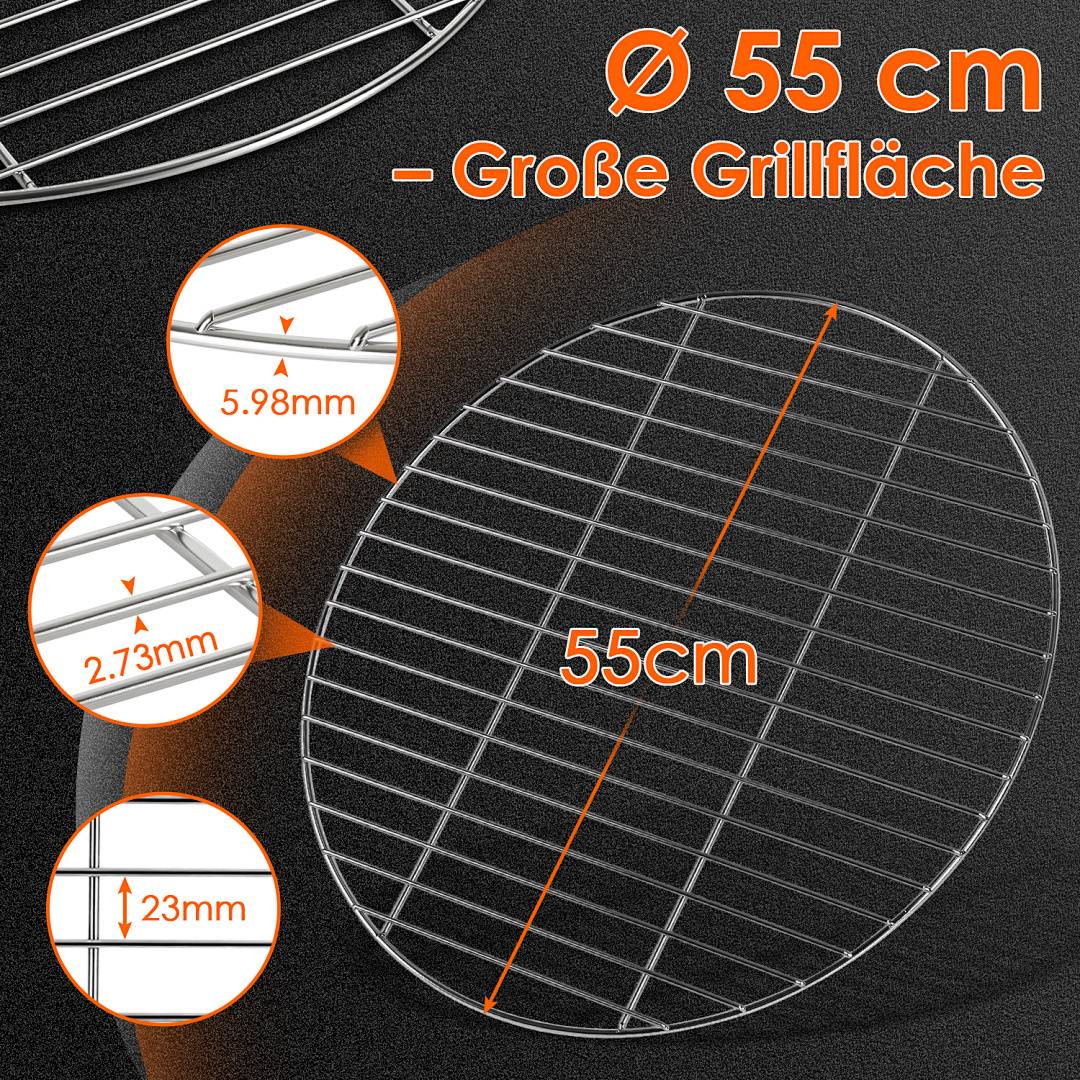 Rundes Grillrost, beschriftet mit „Ø 55 cm - Große Grillfläche