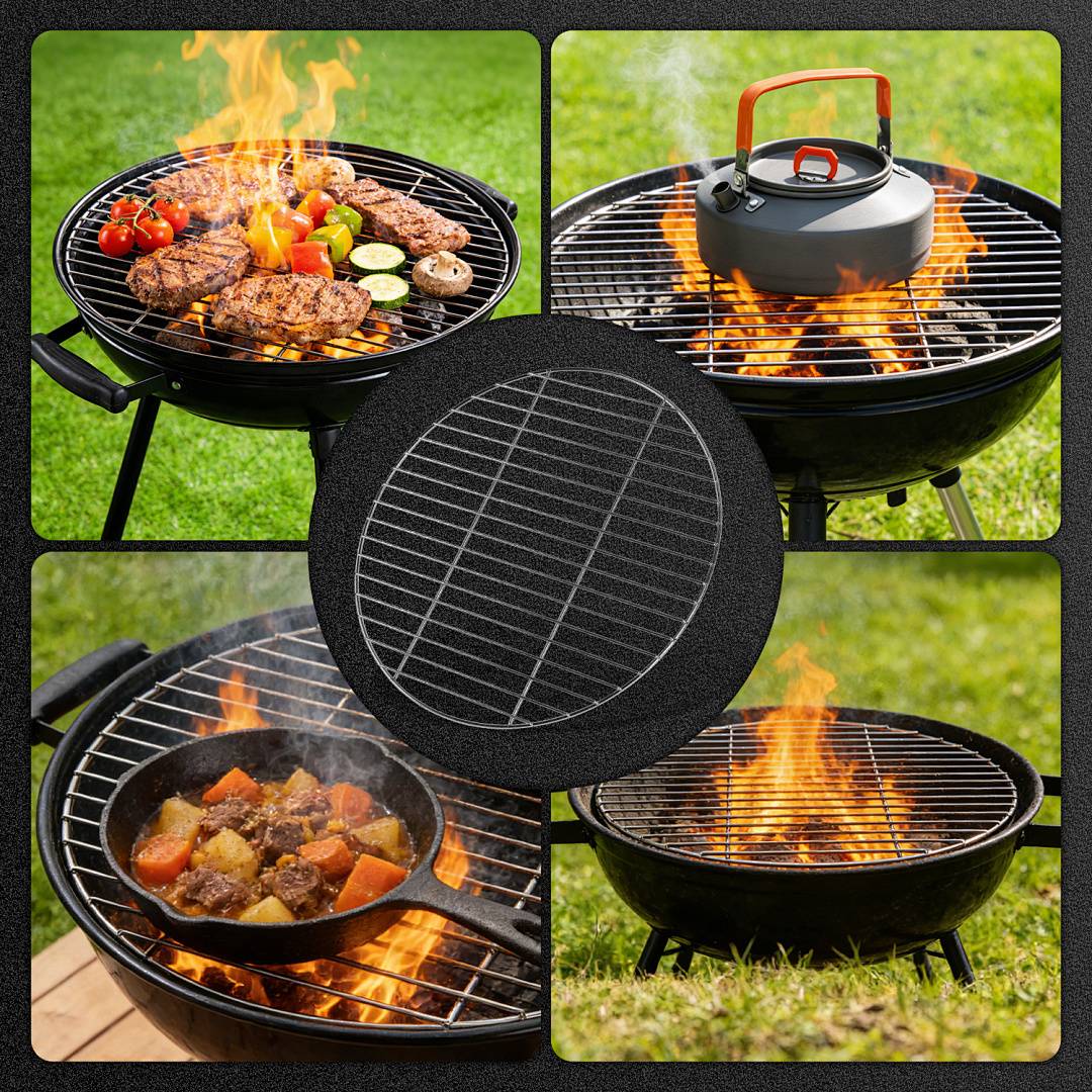 Ein vierteiliges Bild, das einen Grillplatz zeigt: Steaks und Gemüse werden gegrillt, ein Kessel über Flammen, ein Eintopf in einer Pfanne und ein leerer Grill.