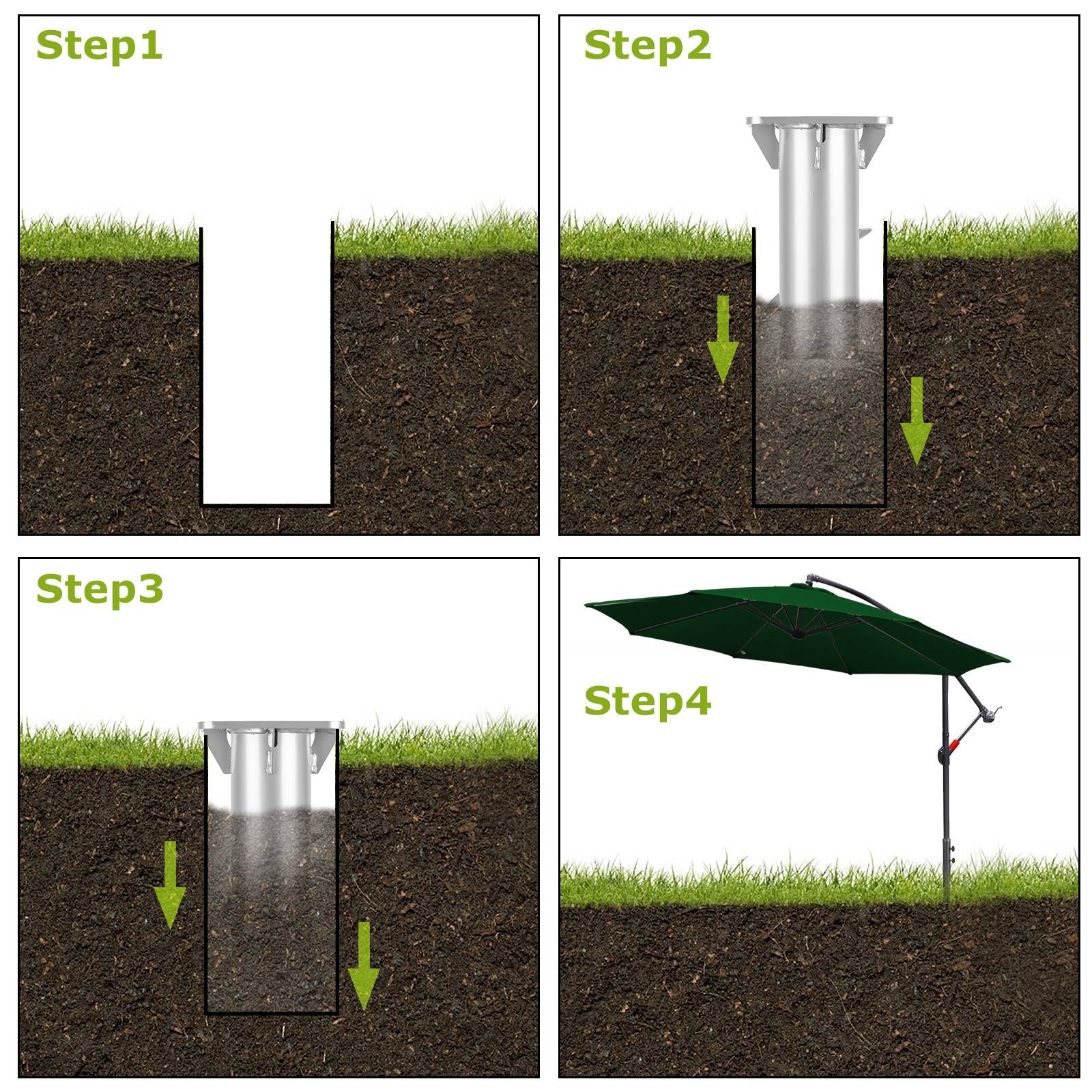 Schritt 1-4: Illustration der Schirminstallation. Schritt 1: Loch graben. Schritt 2: Hülse einsetzen. Schritt 3: Mit Erde bedecken. Schritt 4: Schirm einsetzen.