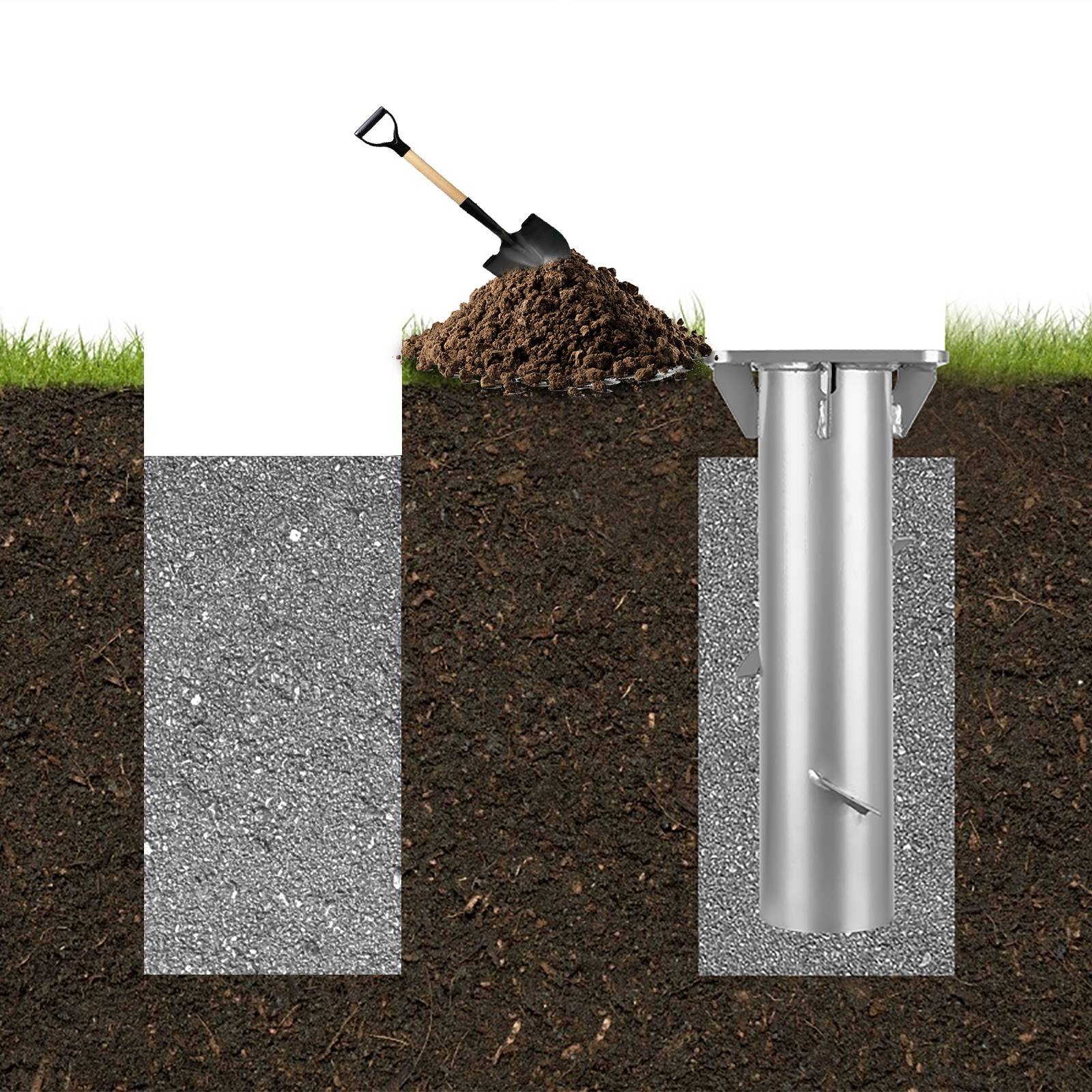 Diagramm eines unterirdischen Rohrs umgeben von Kies. Ein Spaten ist neben einem ausgehobenen Loch angebracht und deutet auf Installation oder Reparatur hin.