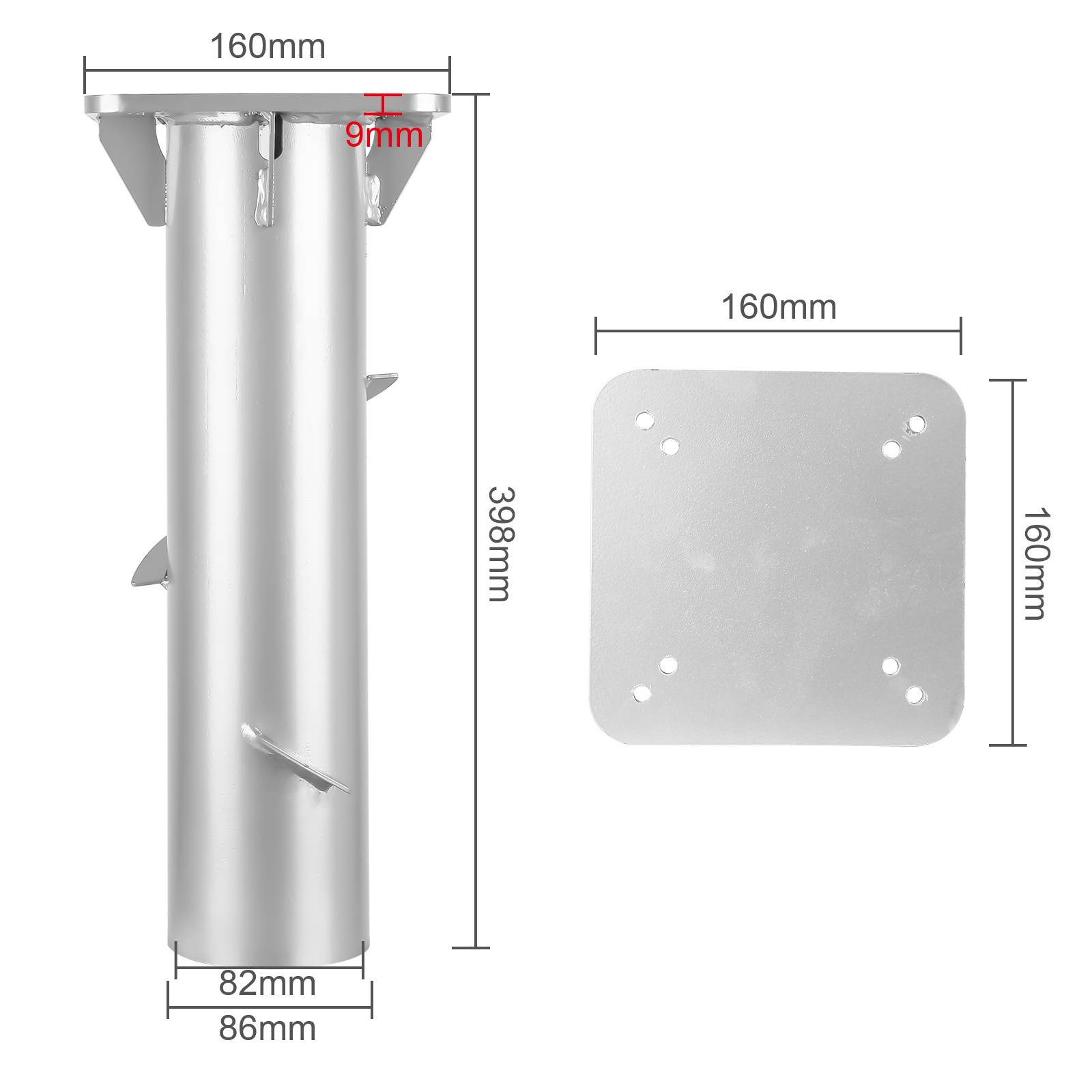 Metallische zylindrische Stütze mit Platte und Schraubenlöchern; Abmessungen: Höhe 398mm, Basis 86x82mm, obere Platte 160x160mm.