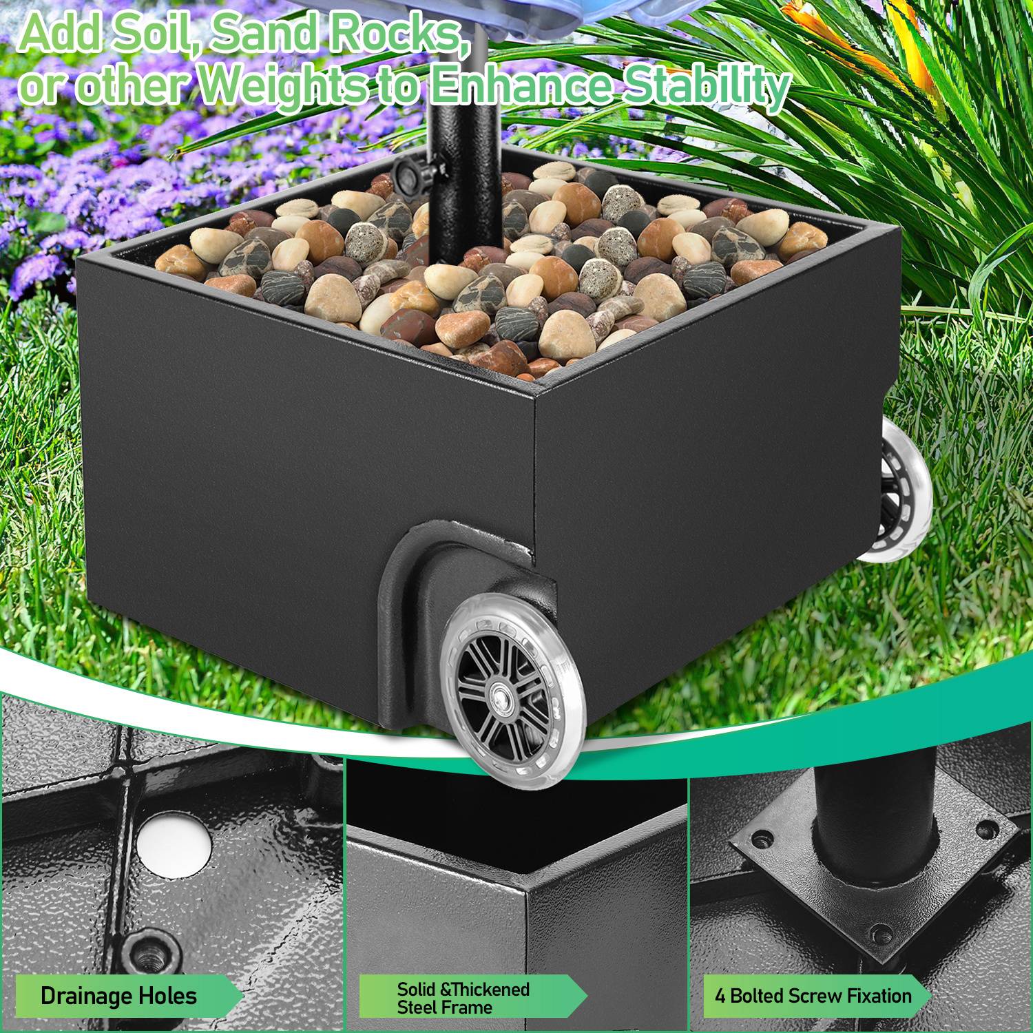 Metallischer Pflanzenkübel mit Drainagelöchern, verstärktem Stahlrahmen und Vier-Bolzen-Schraubfestigung auf Rädern. Der Text lautet: „Füllen Sie Erde, Sand, Steine oder andere Gewichte hinzu, um die Stabilität zu verbessern.