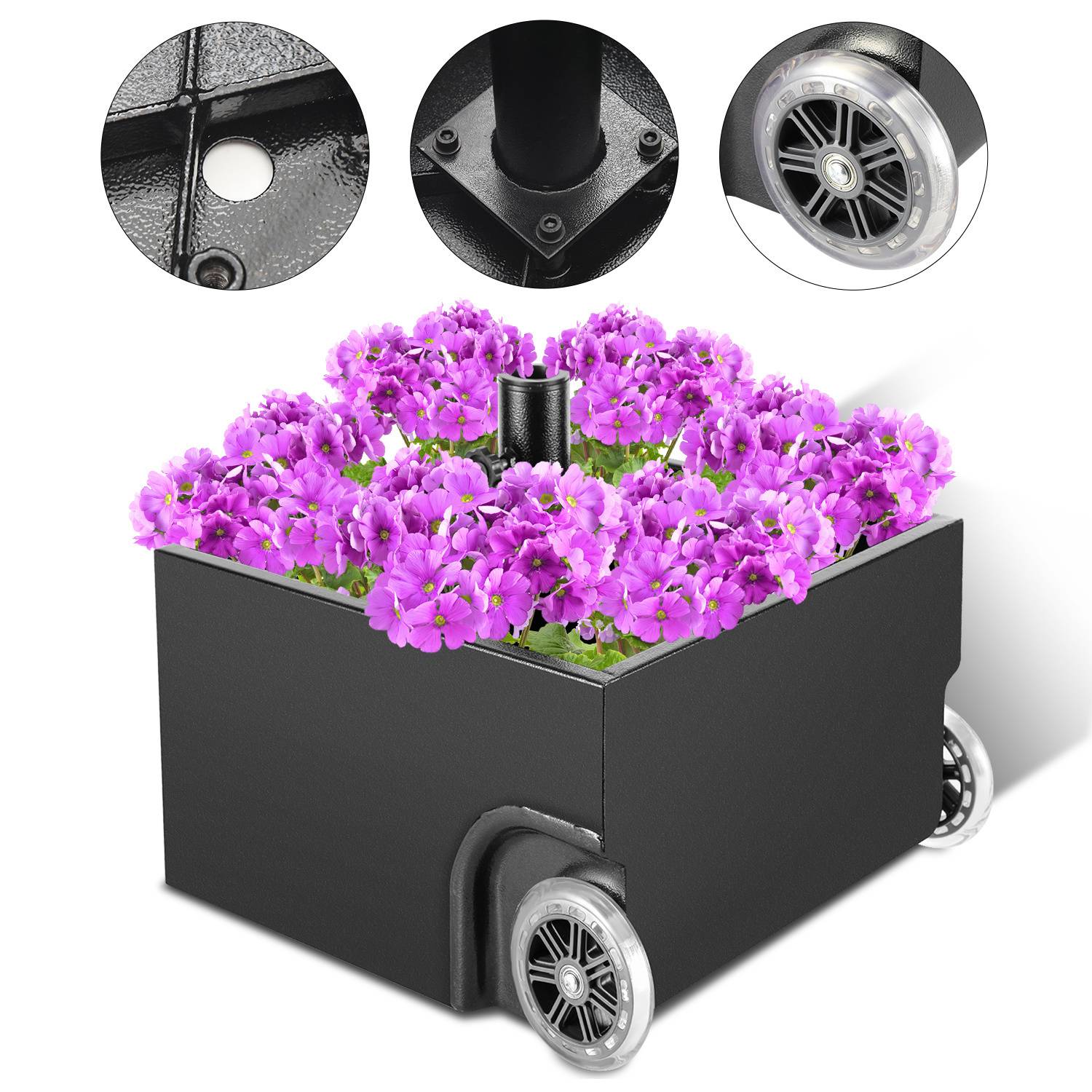Ein quadratischer schwarzer Blumenkübel mit Rädern, gefüllt mit leuchtend violetten Blumen. Eingefügte Bilder zeigen Nahaufnahmen eines Rades, der Basis und eines Drainagelochs.