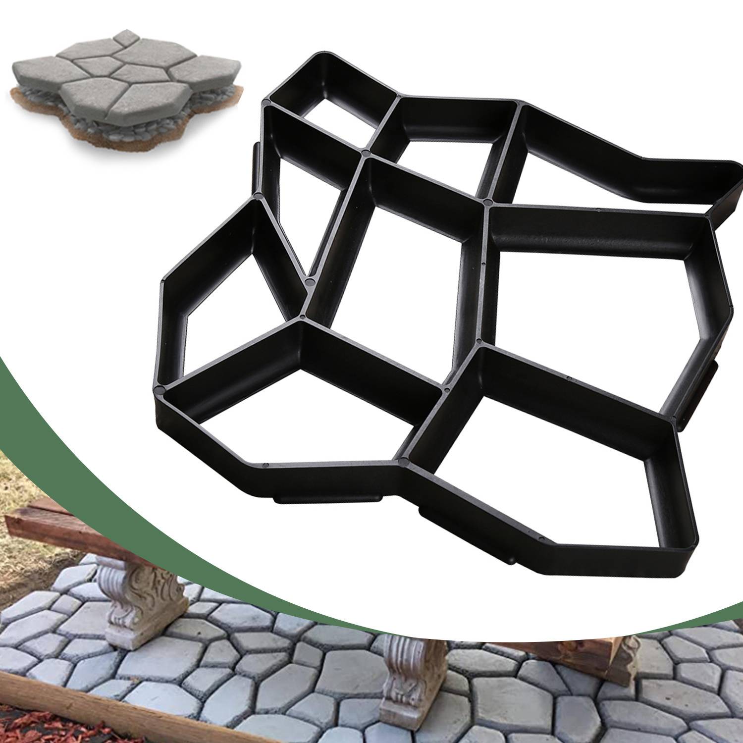 Betonform zum Herstellen von sechseckigen Pflastersteinen, gezeigt in Verwendung auf einer Terrasse.