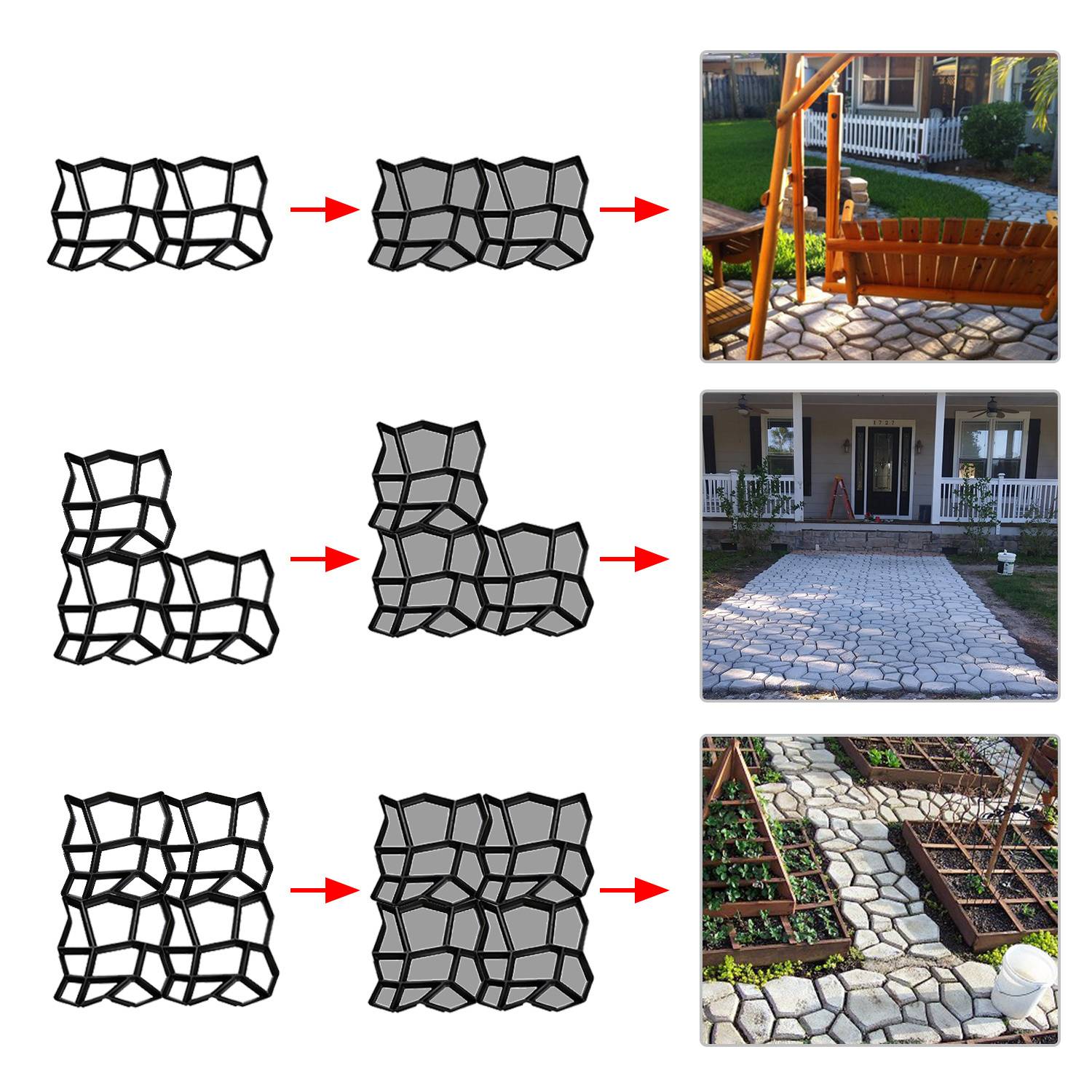 Pflastersteinform erstellt Gartenwege und Terrassen. Diagramme zeigen die Formumwandlung in Steinoptik. Fotos zeigen fertige Gehwege und Sitzbereich.