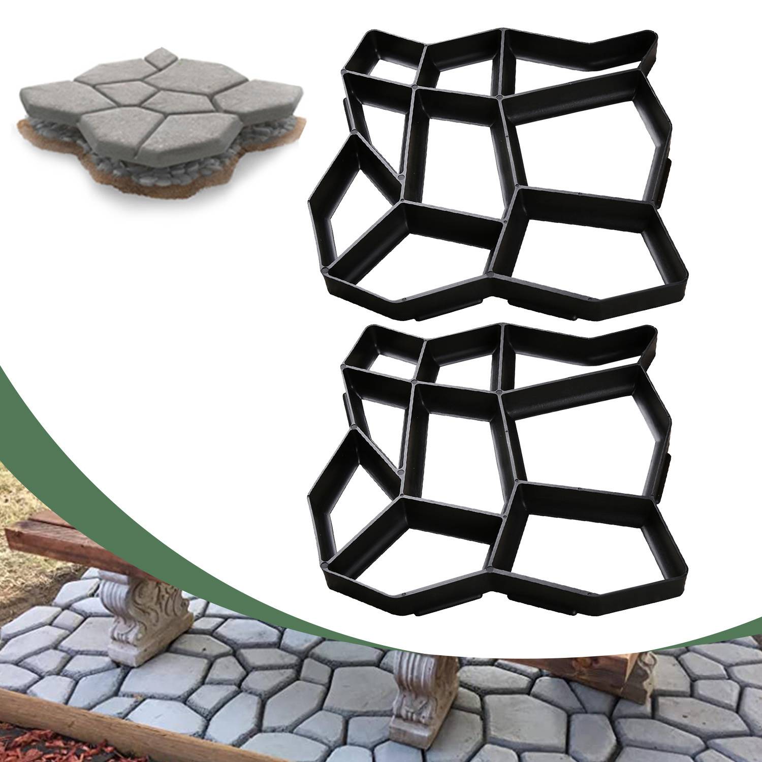 Kunststoffform zum Erstellen von konkreten Sechseckmuster auf Wegen, gezeigt neben fertigen Trittsteinen und einem Gartenweg-Beispiel.