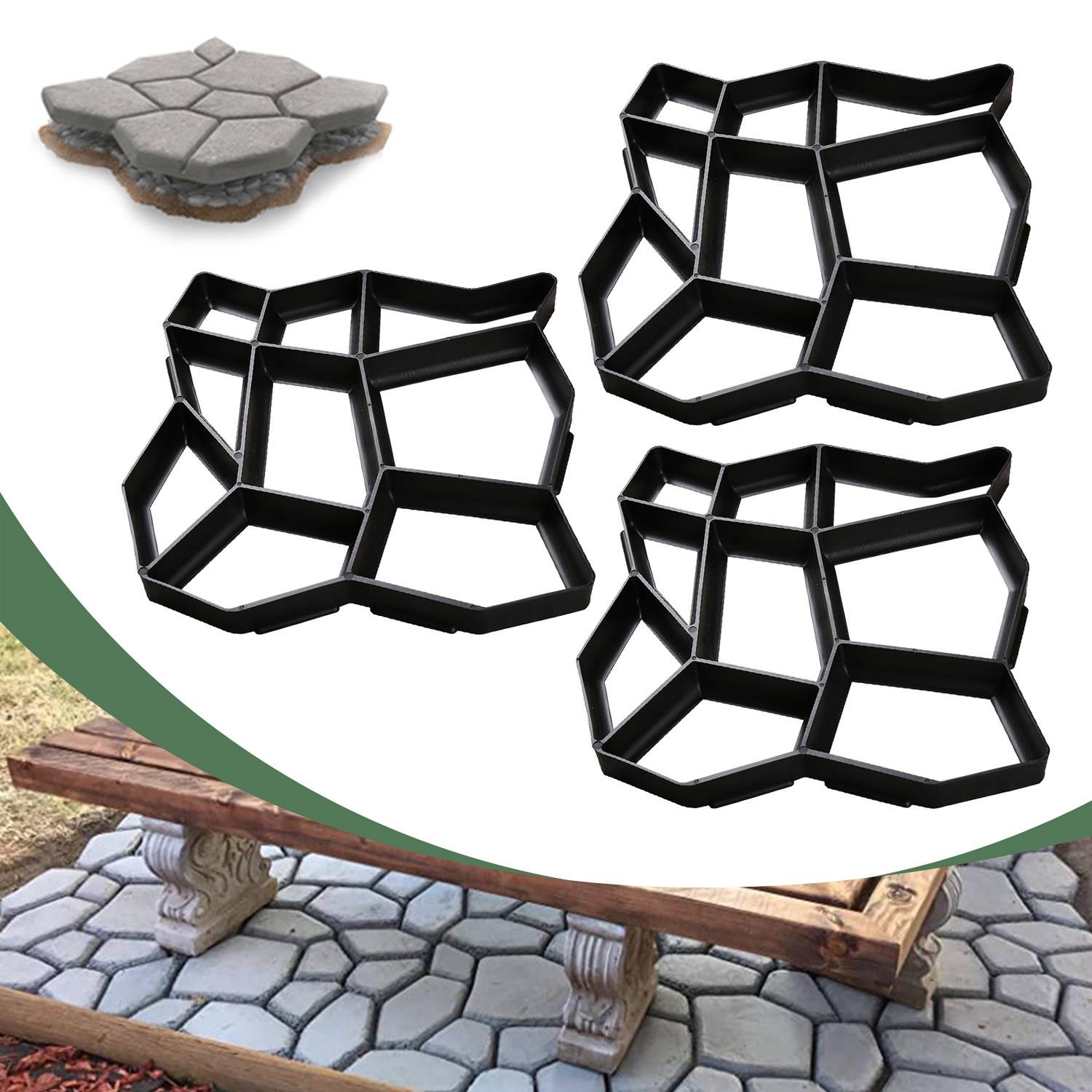 Schwarze Kunststoffformen zum Erstellen von Sechskant- und unregelmäßig gemusterten Betonpflastersteinen, gezeigt mit Beispielen eines Gehwegs und einer Steinbank.