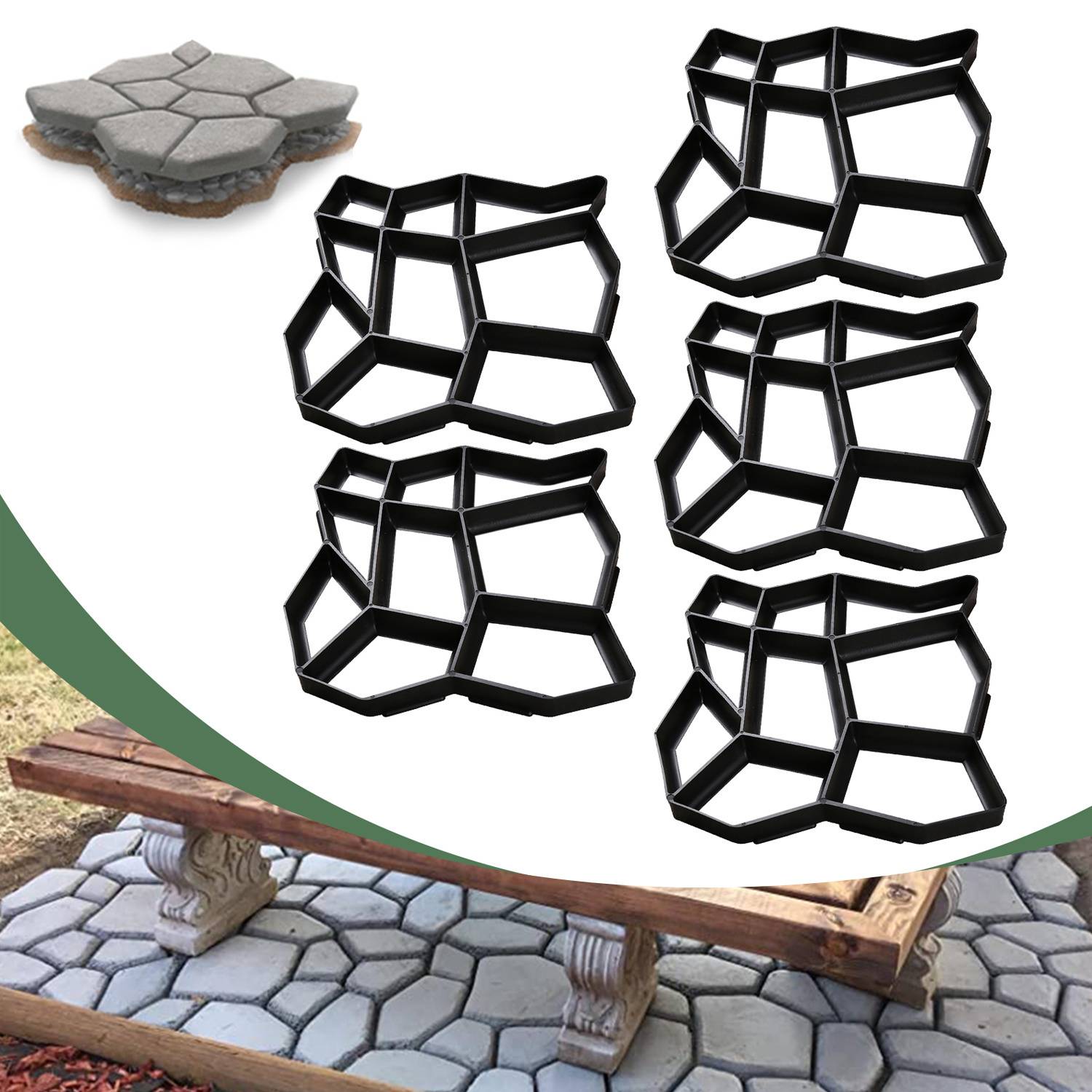 Betonformteile für sechseckige Pflastersteine, die neben einer Steinbank angeordnet sind und zeigen, wie man Gehwege mit geometrischen Mustern gestaltet.