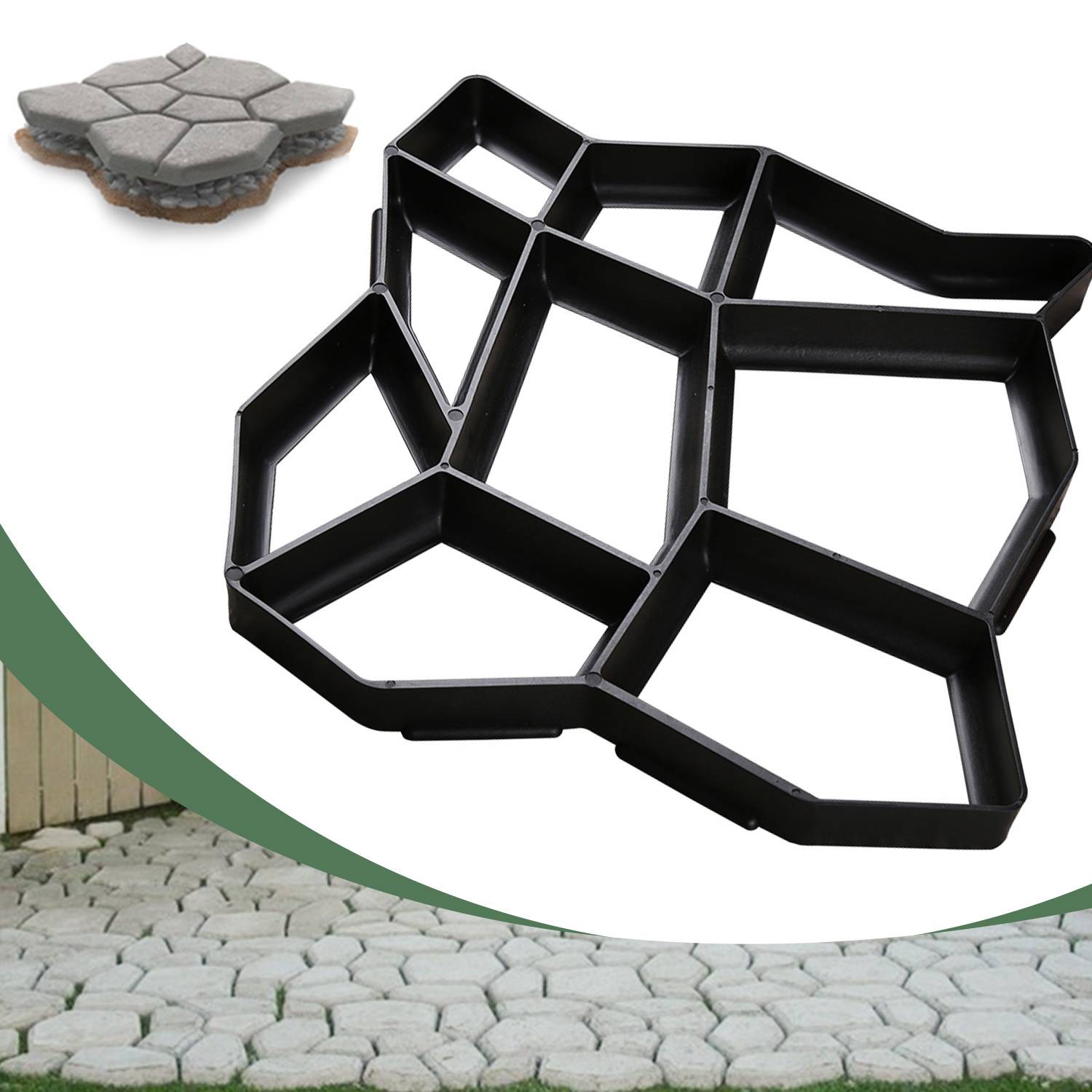 Kunststoff-Pflasterschablone, gezeigt mit Betonpflastersteinen im Hintergrund, die ihre Verwendung zur Erstellung geometrischer Steinwege veranschaulicht.
