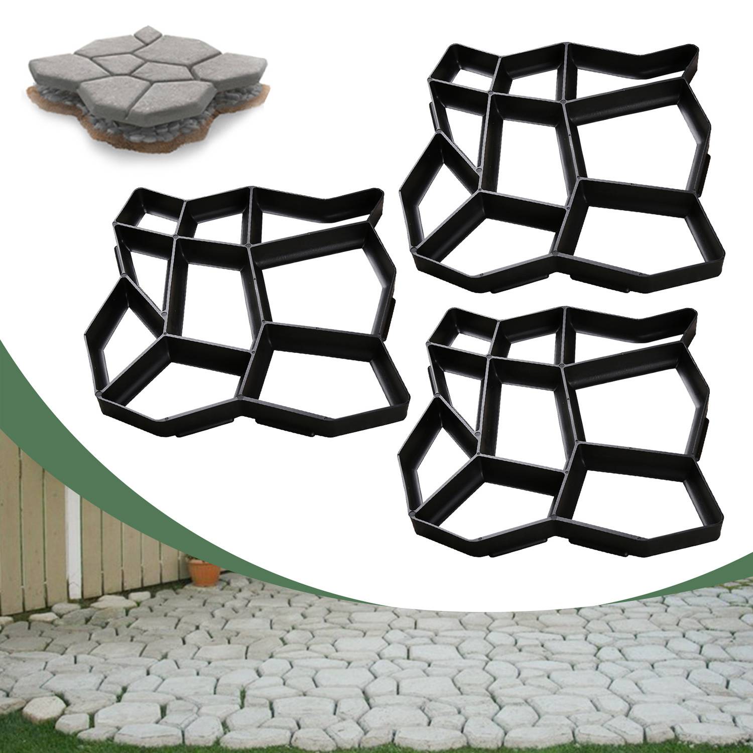 Drei schwarze Kunststoff-Steinformen, gezeigt mit einer gefüllten Form und verlegten Betonsteinen in einem Hof, die den DIY-Pflasterungsprozess veranschaulichen.