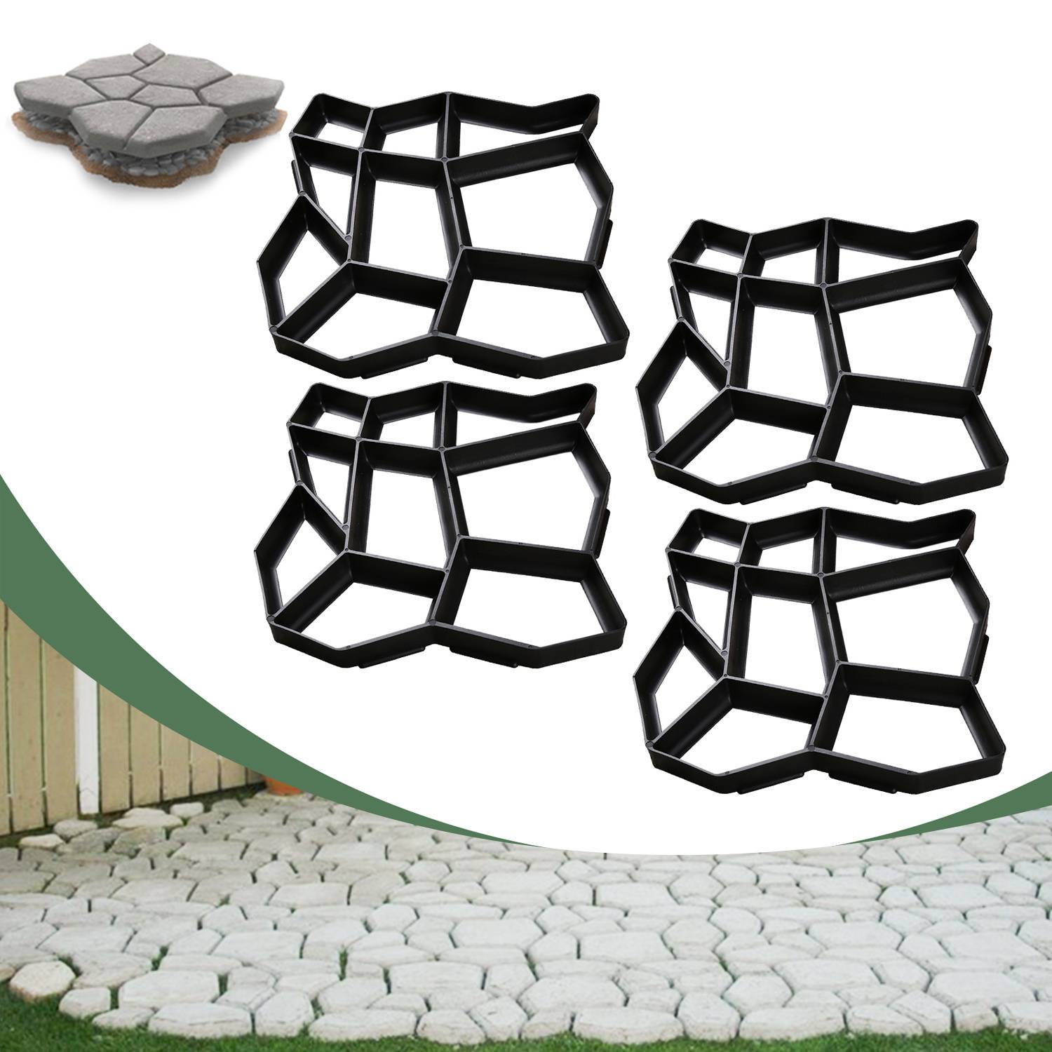 Betonformen für DIY-Pflastersteine, die geometrische Muster bilden. Das Bild zeigt ein Anwendungsbeispiel in einer Gartenumgebung.