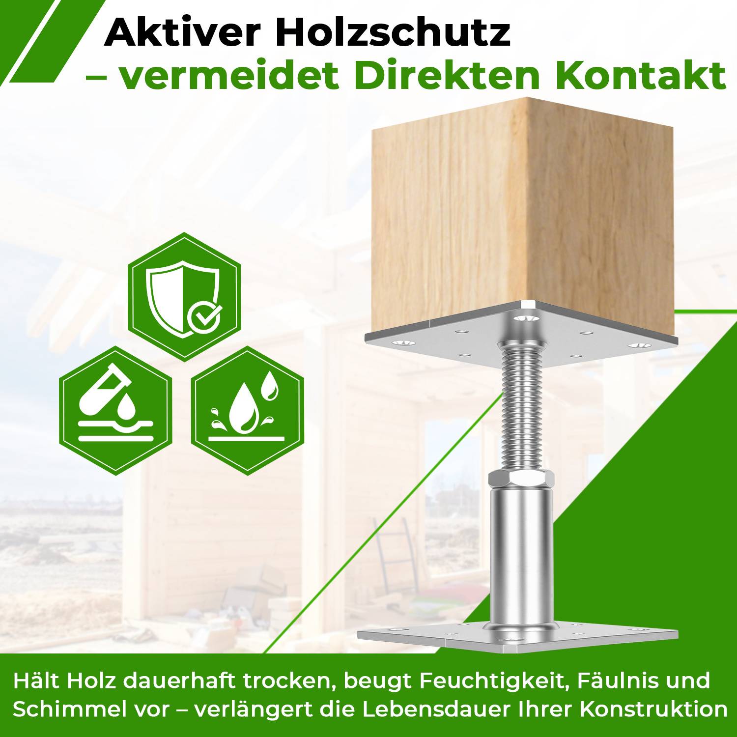 Aktiver Holzschutz – vermeidet direkten Kontakt'. Ein Bild, das Holzschutzmerkmale mit Symbolen für den Schutz vor Feuchtigkeit und Schimmel zeigt. Der Hintergrund zeigt eine Holzstruktur im Bau.