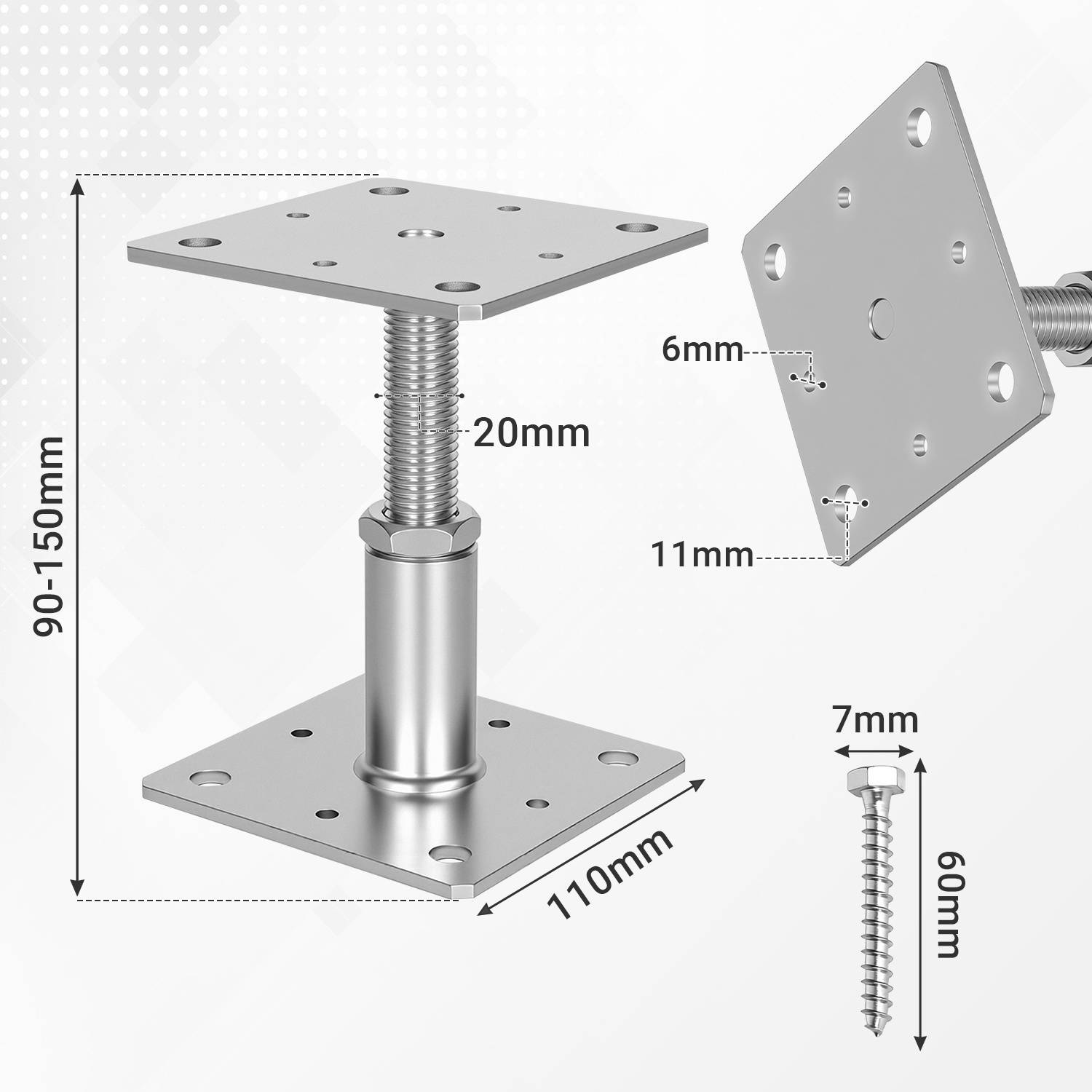 Verstellbares Hardware aus Edelstahl mit Abmessungen: Höhe 950–1500mm, Basis 110mm × 110mm, Platten jeweils 6mm, einschließlich 60mm Schraube.