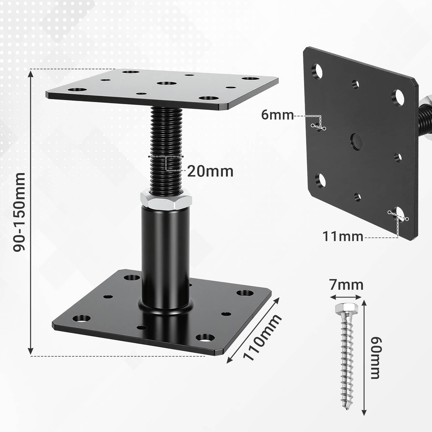 Verstellbare Nivellierfüße-Diagramm für Möbel mit Größenangaben: Höhe 90-150mm, Basis 110mm, Oberplatte 6mm, Schraube 7mm x 60mm.