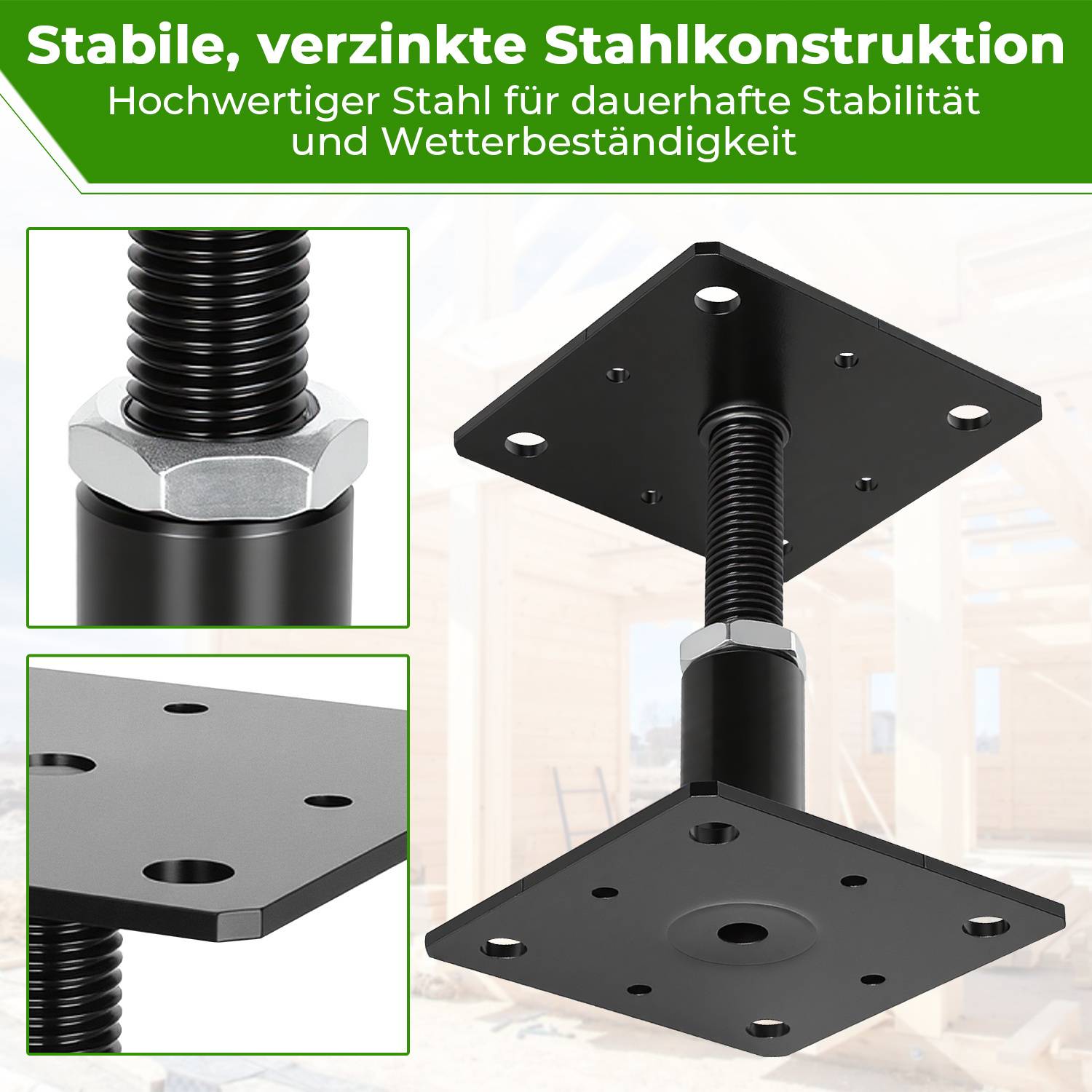 Stabile, verzinkte Stahlkonstruktion. Hochwertiger Stahl für dauerhafte Stabilität und Wetterbeständigkeit. Mit verstellbarem schwarzem Metallwinkel mit Schraub- und Bolzendetails.