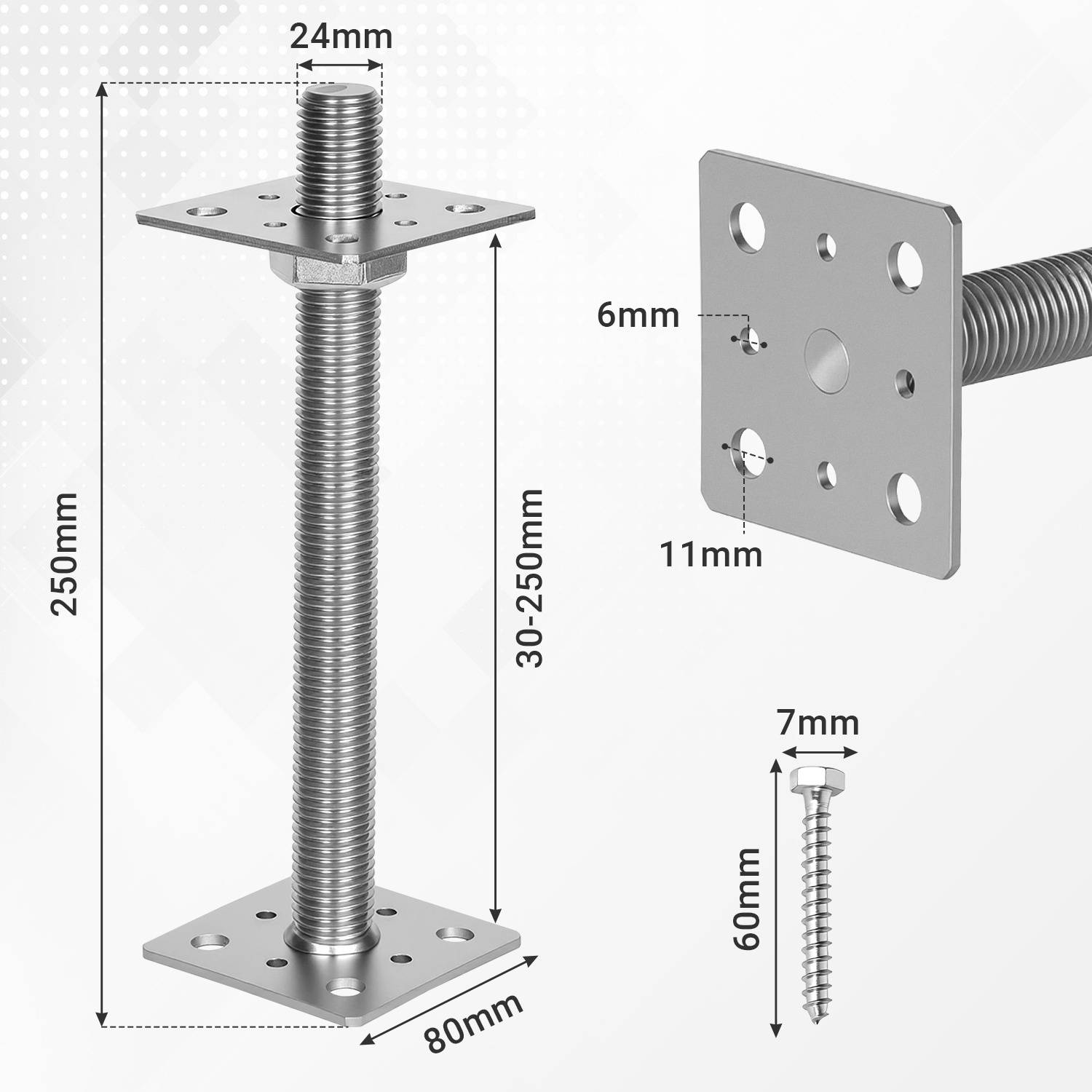 Verstellbares Metallstützklammerprofil mit Abmessungen: Höhe 250 mm, Breite 24 mm, Grundplatten 80 mm Quadrat, Schraubenlöcher 6 mm, 11 mm, 7 mm.