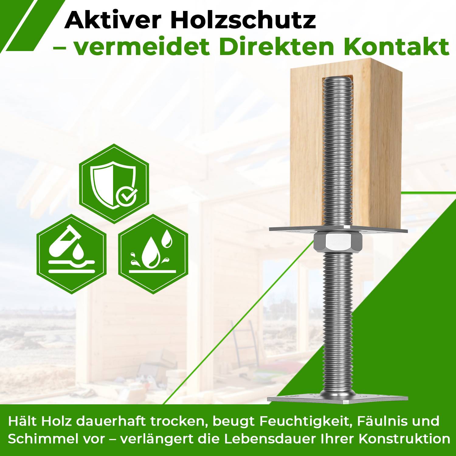 Vermeidet direkten Kontakt mit Wasser für längere Haltbarkeit des Holzes. Aktiver Holzschutz gegen Feuchtigkeit und Schimmel.