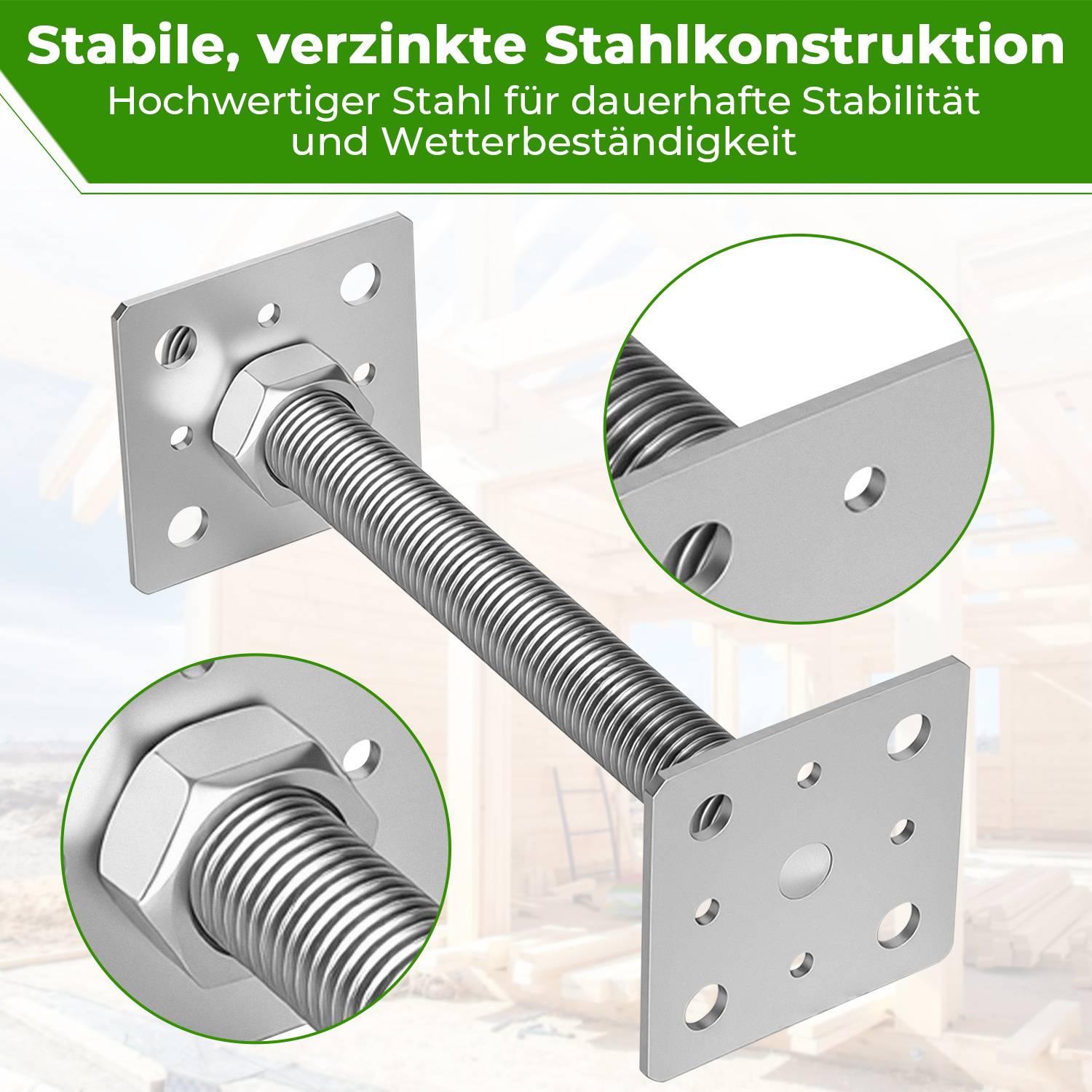 Rohrsteckverbinder mit stabiler, verzinkter Stahlkonstruktion. Hervorgehoben sind Gewindestangen und quadratische Platten. Deutscher Text beschreibt Haltbarkeit und Witterungsbeständigkeit.