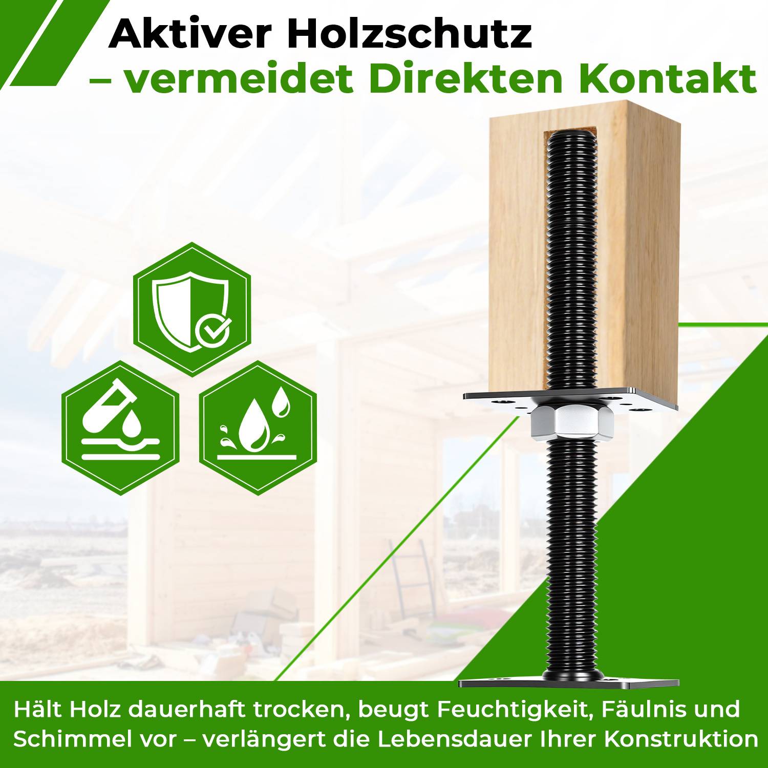 Aktiver Holzschutz - Vermeidet direkten Kontakt.