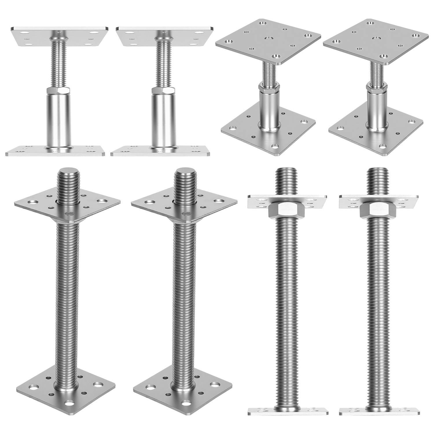 Acht verstellbare Metallpodeste in unterschiedlichen Höhen, jeweils mit einer quadratischen Basis und gewindeförmiger Stange, entwickelt zur Unterstützung von Strukturen.