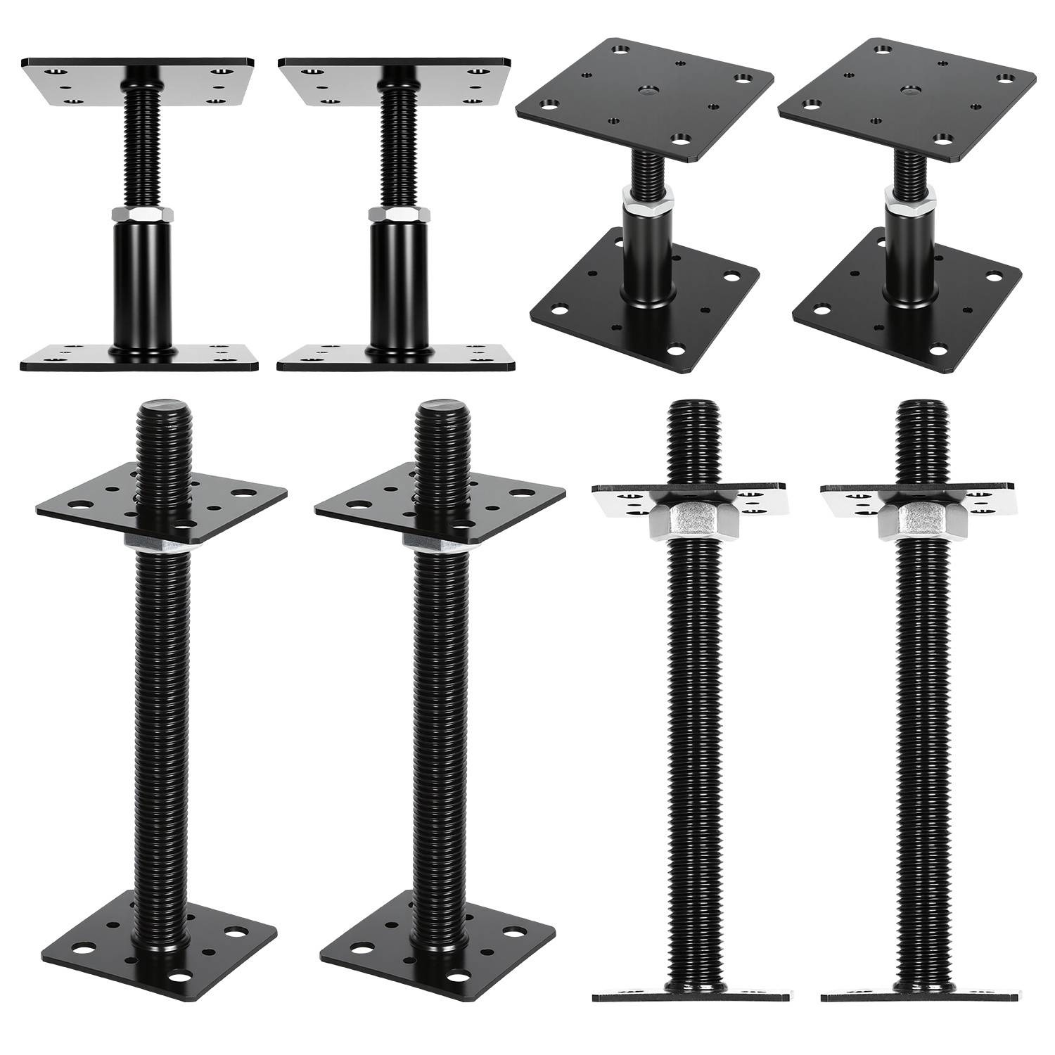 Verstellbare Nivellierfüße mit Metallbasen und Gewindestangen in verschiedenen Ausführungen, die zur Stabilisierung und Nivellierung von Möbeln verwendet werden.