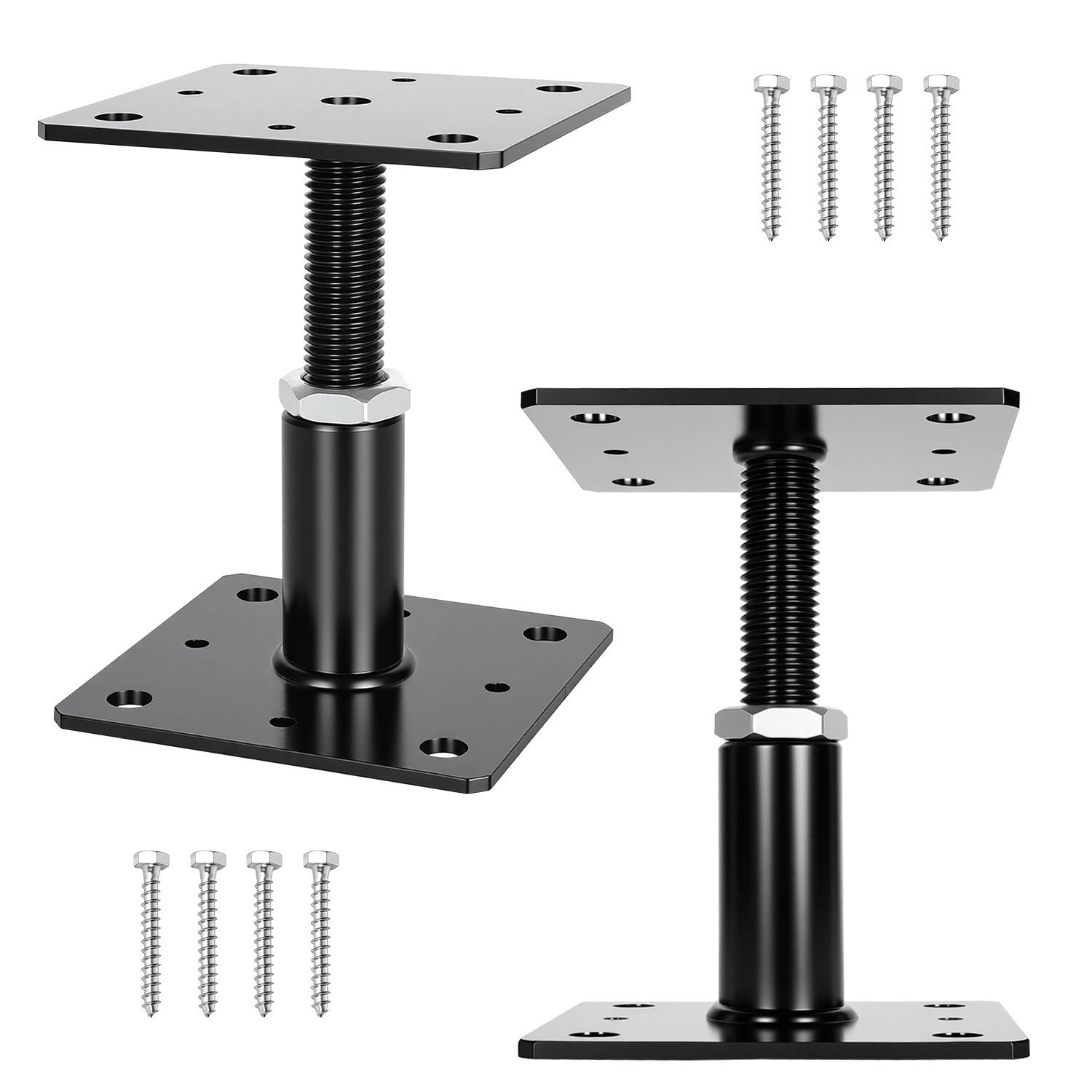 Verstellbare schwarze Möbelbeine aus Metall mit Schrauben zur Montage, mit quadratischer Grundplatte und Gewindestange zur Höhenverstellung.