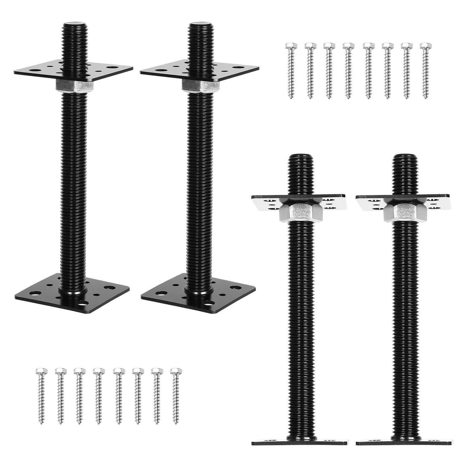 Verstellbare schwarze Tischbeine und Schrauben für DIY-Projekte, einschließlich vier Beinen mit quadratischen Montageplatte und mehreren Schrauben zur Montage.