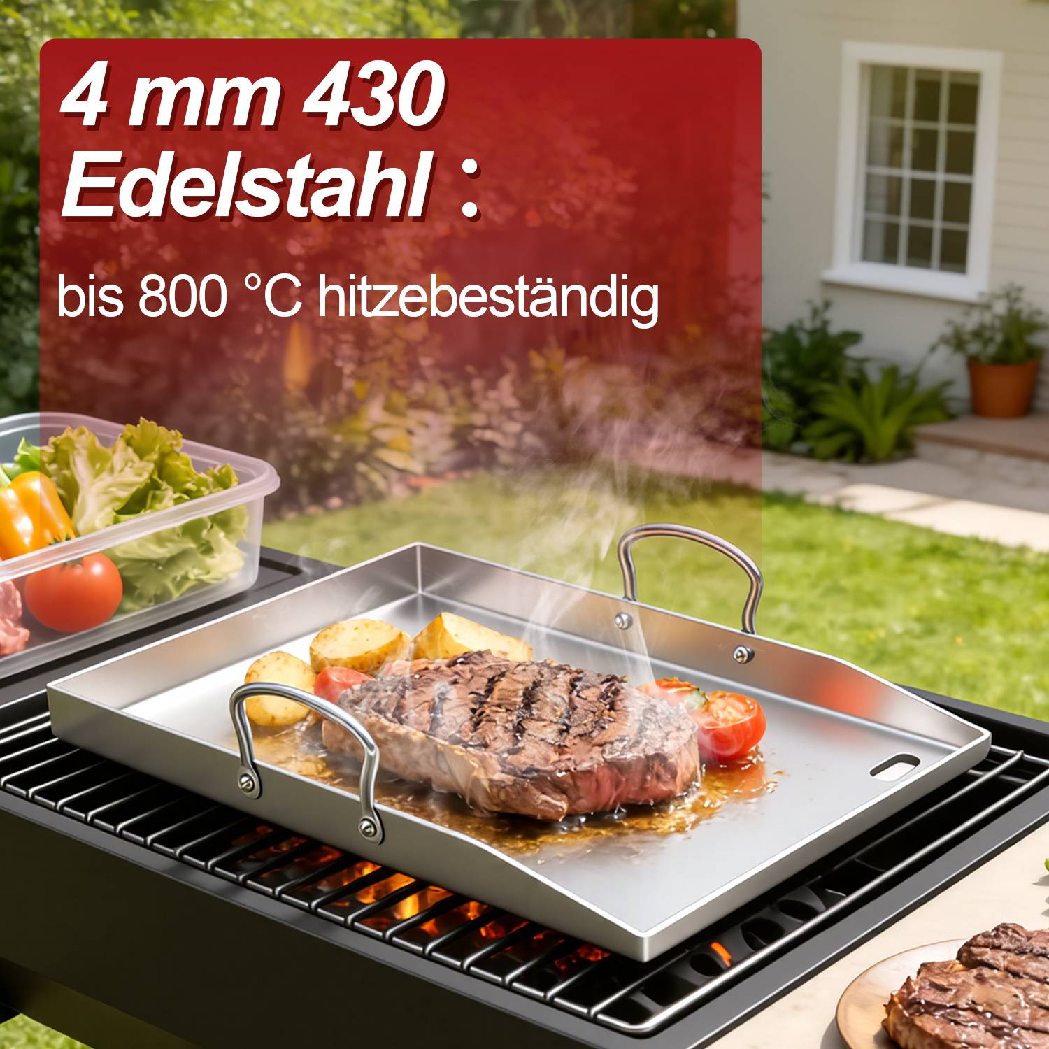 Ein Steak und Gemüse zischen auf einem Grill draußen. Der Text lautet „4 mm 430 Edelstahl: bis 800 °C hitzebeständig