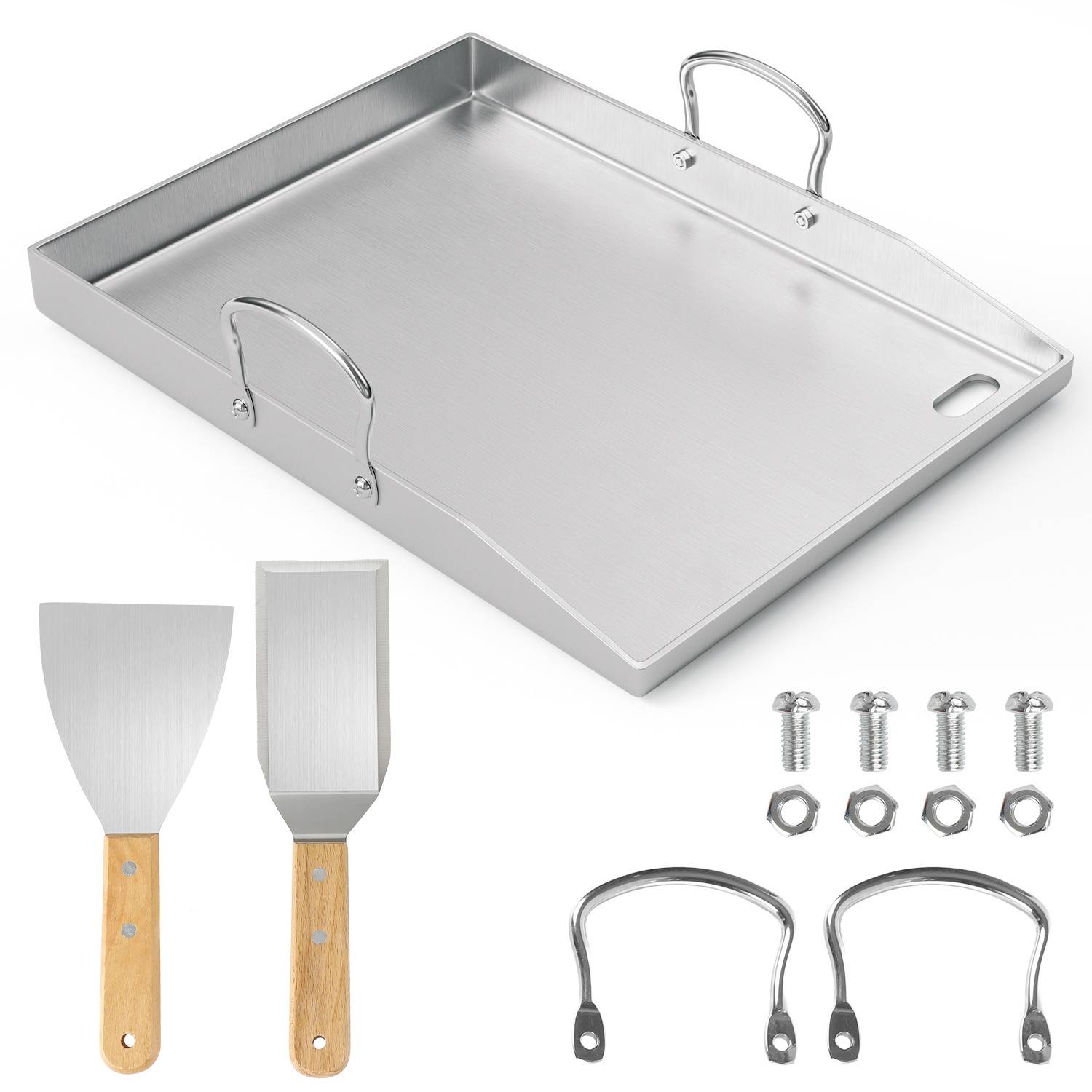 Ein flacher Grillplatte mit Griffen an den Seiten, begleitet von zwei Spachteln mit Holzgriffen, zusätzlichen Griffen und Schrauben zur Montage.