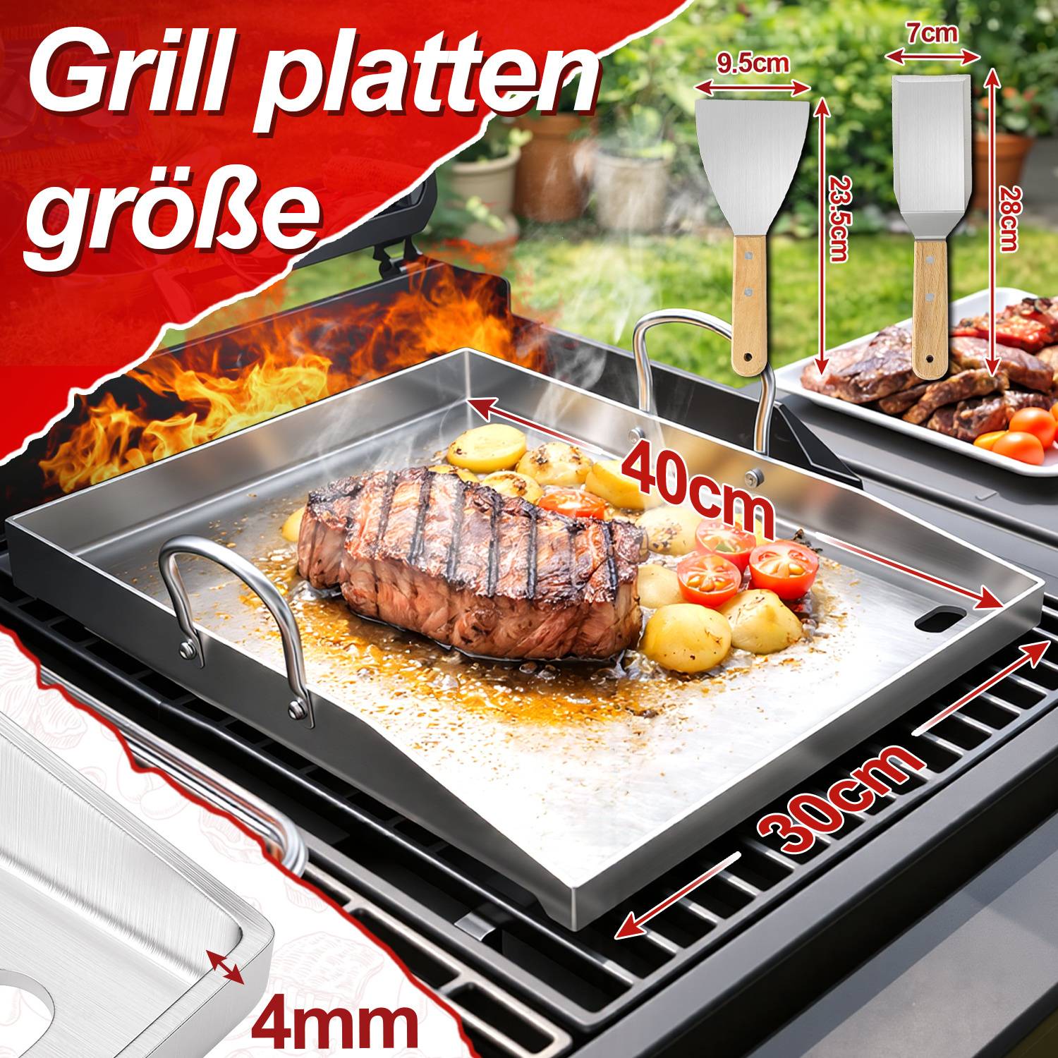 Ein gegrilltes Steak und Kartoffeln auf einer Stahlgrillplatte mit Flammen. Text „Grill platten größe