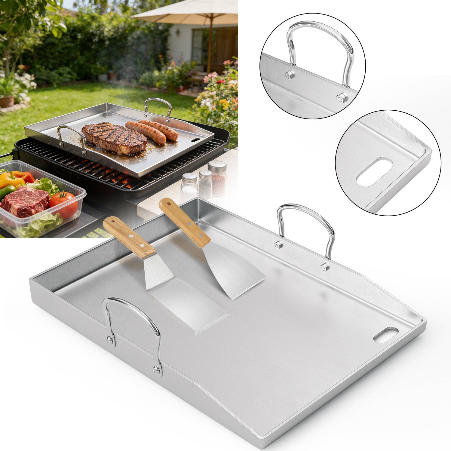 Ein Grillblech auf einem Gartengrill mit Steak und Würstchen; die Einfügung zeigt eine Nahaufnahme der Griffe des Tabletts und der Spatel auf dem Tablett.