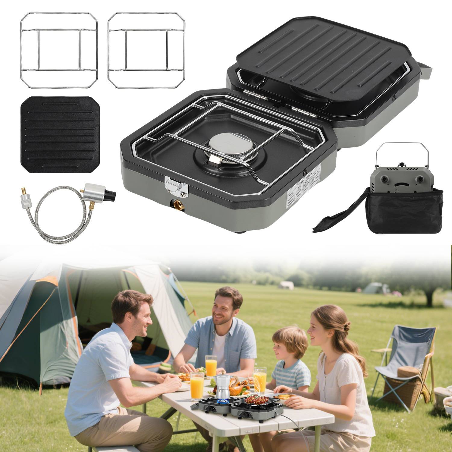 Eine Familie sitzt außerhalb eines Zeltes und genießt eine Mahlzeit, wobei ein tragbarer Campingkocher und Grillzubehör oben dargestellt sind.